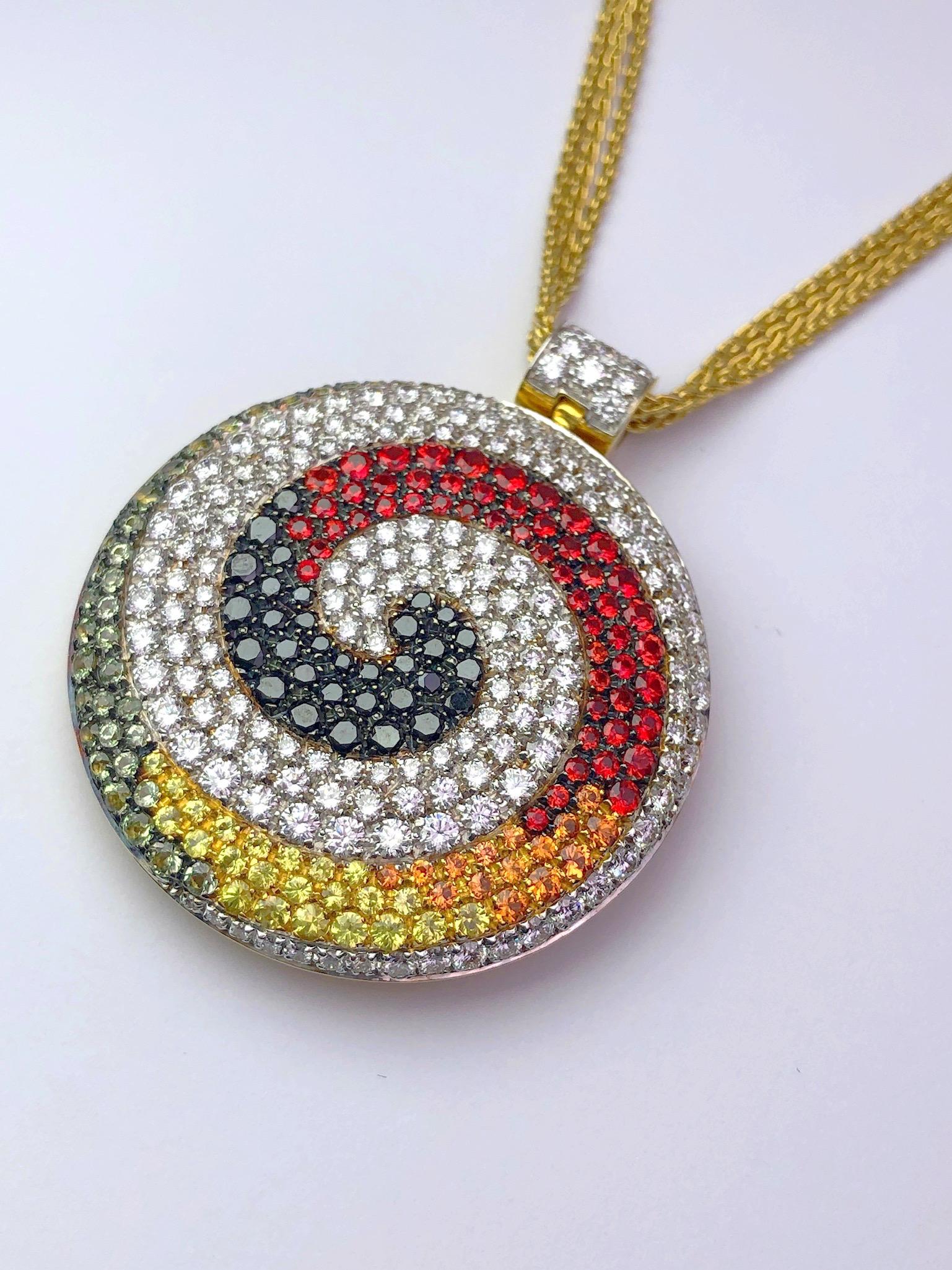Round Cut Valente 18 KT Yellow Gold Swirl Pendant with Diamonds and Multicolored Sapphires For Sale