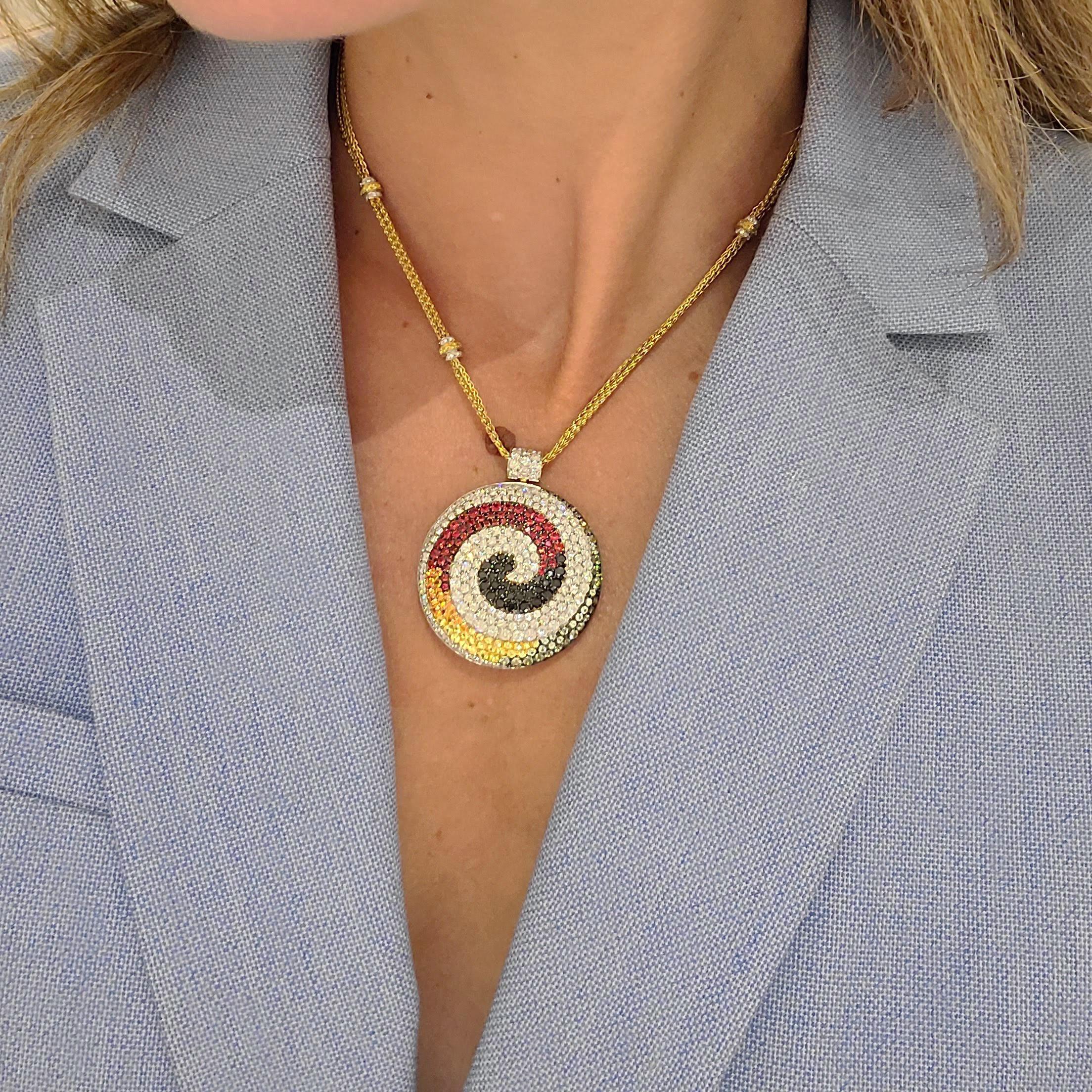 Valente 18 KT Yellow Gold Swirl Pendant with Diamonds and Multicolored Sapphires In New Condition For Sale In New York, NY