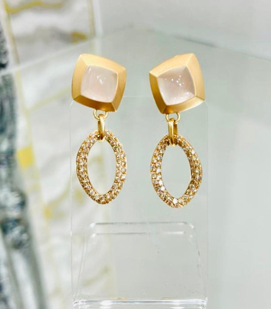 Valente 18k Rose Gold Icy Jadeite & Diamond Drop Earrings

Athena earrings with a approx 7.5ct cabochon icy jadeite stones to

each earring and aprrox .5cts of brilliant white diamonds to each.

For pierced ears. (Matching ring available on another