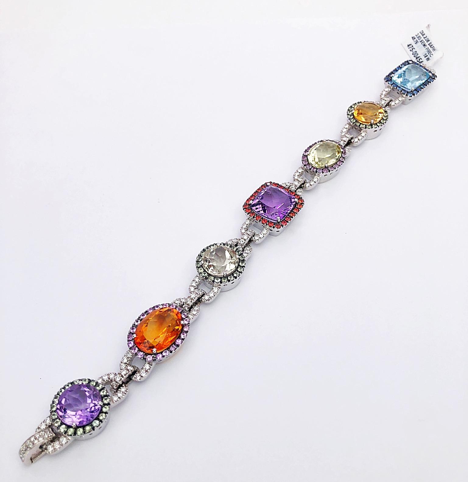 Modern Valente 18KT WG, Multicolored Sapphire & 48.76Ct. Semi Precious Link Bracelet For Sale