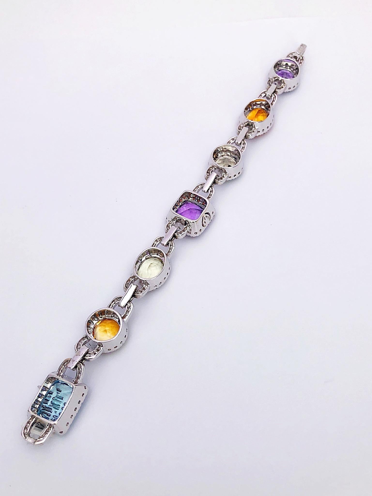 Valente 18KT WG, Multicolored Sapphire & 48.76Ct. Semi Precious Link Bracelet In New Condition For Sale In New York, NY