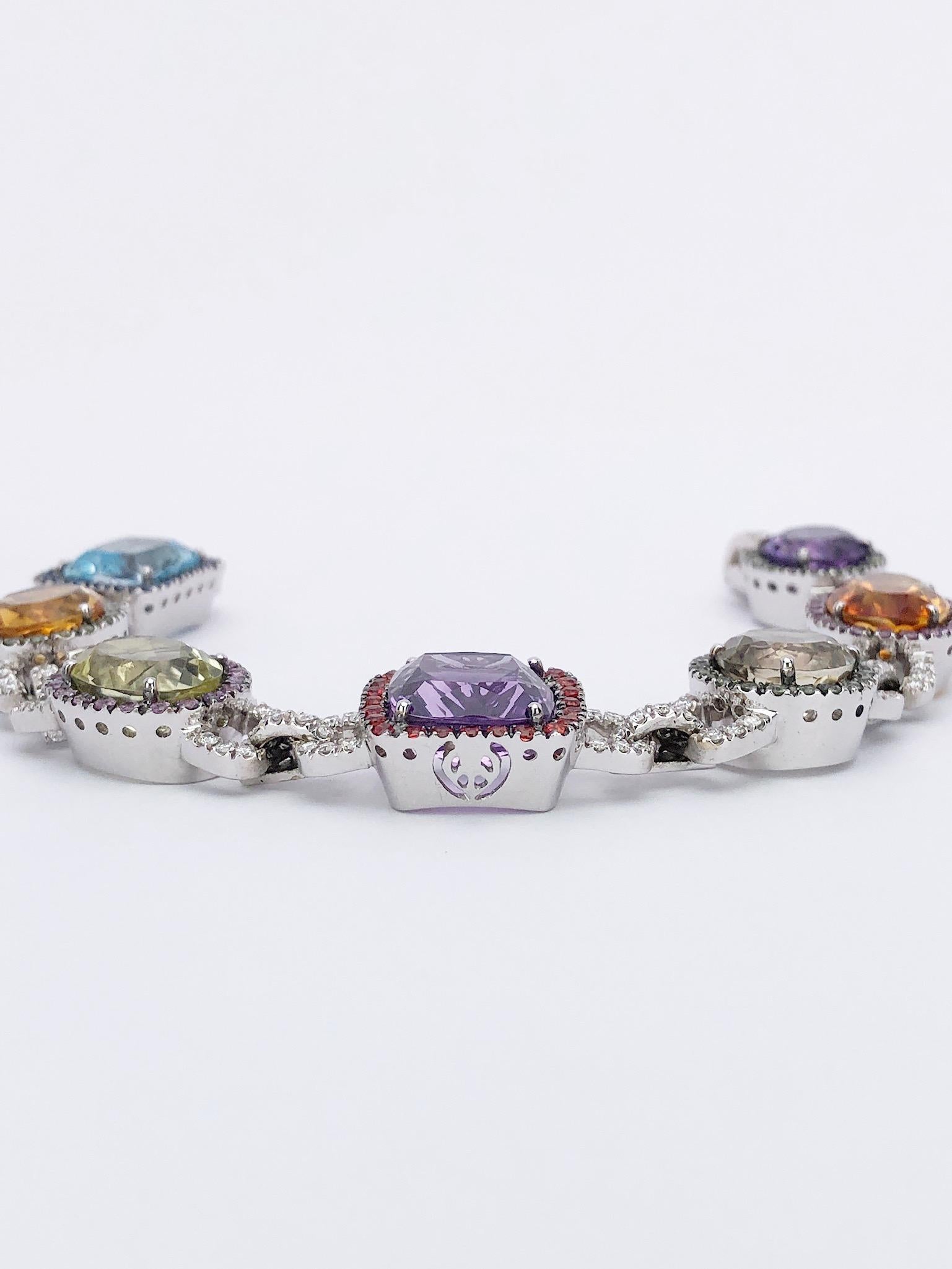 Women's or Men's Valente 18KT WG, Multicolored Sapphire & 48.76Ct. Semi Precious Link Bracelet For Sale