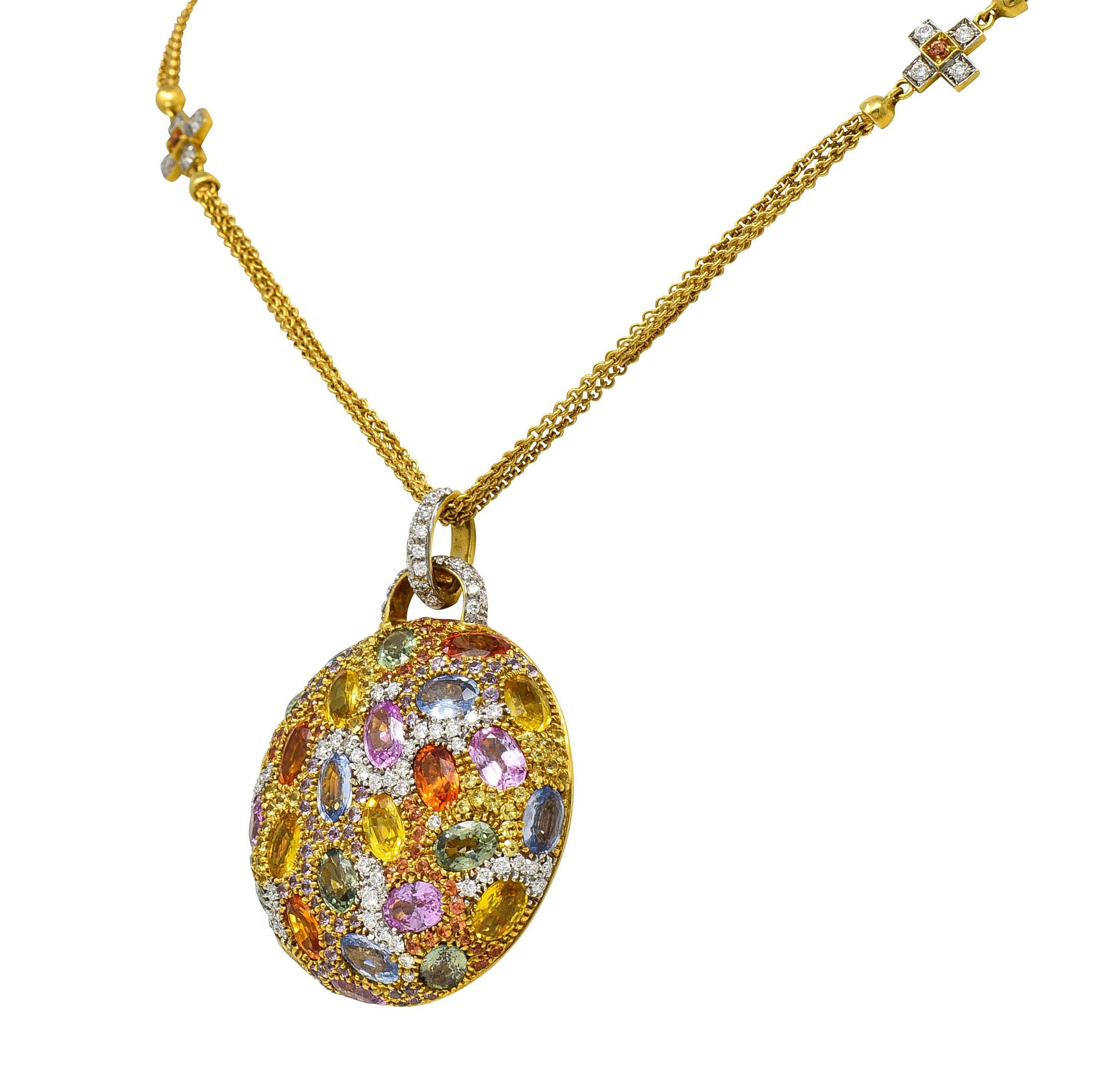 Valente 22.00 Carats Multi-Sapphire Diamond 18 Karat Gold Pave Pendant Necklace In Excellent Condition In Philadelphia, PA