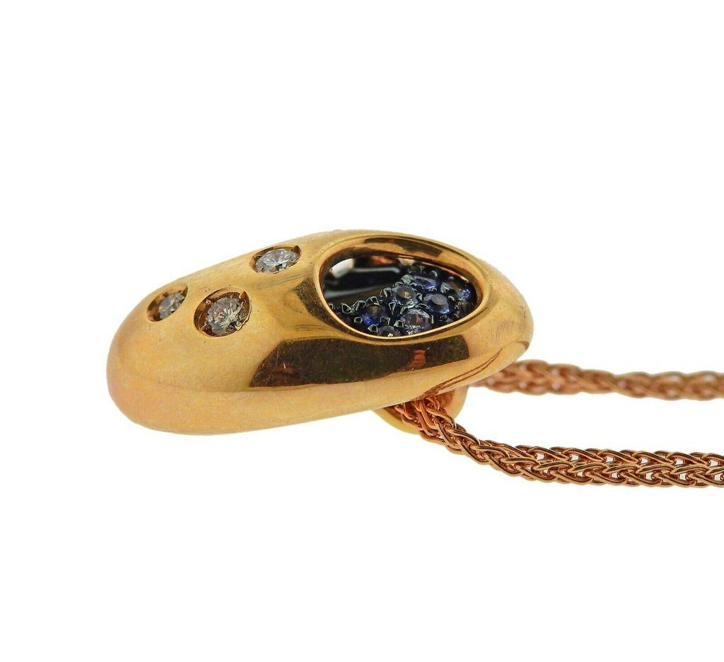 Valente Blue Sapphire Diamond Rose Gold Pendant Necklace In Excellent Condition In Lambertville, NJ