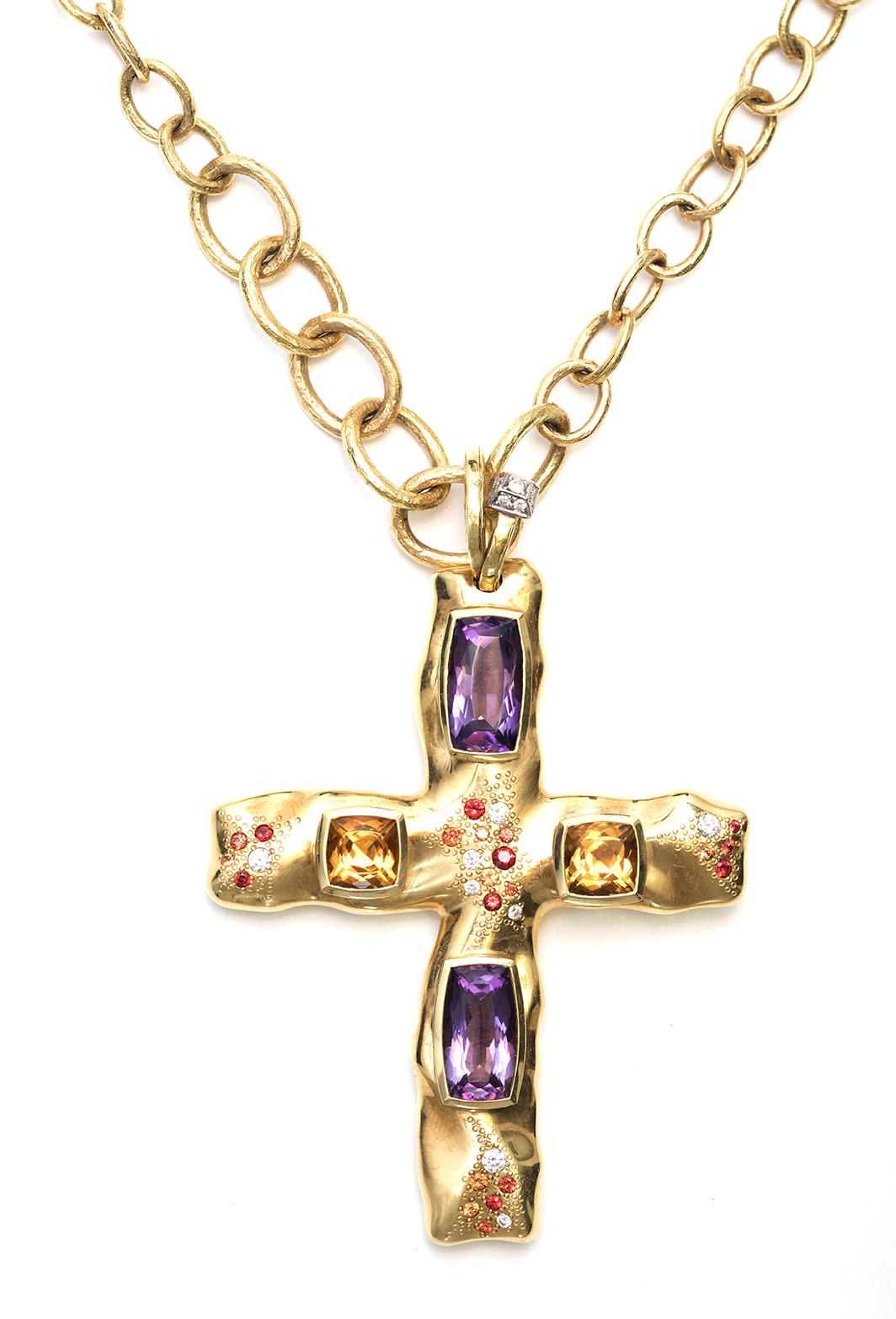 Baroque Valente Citrine Amethyst Sapphire Diamond 18 Karat Gold Cross Pendant For Sale