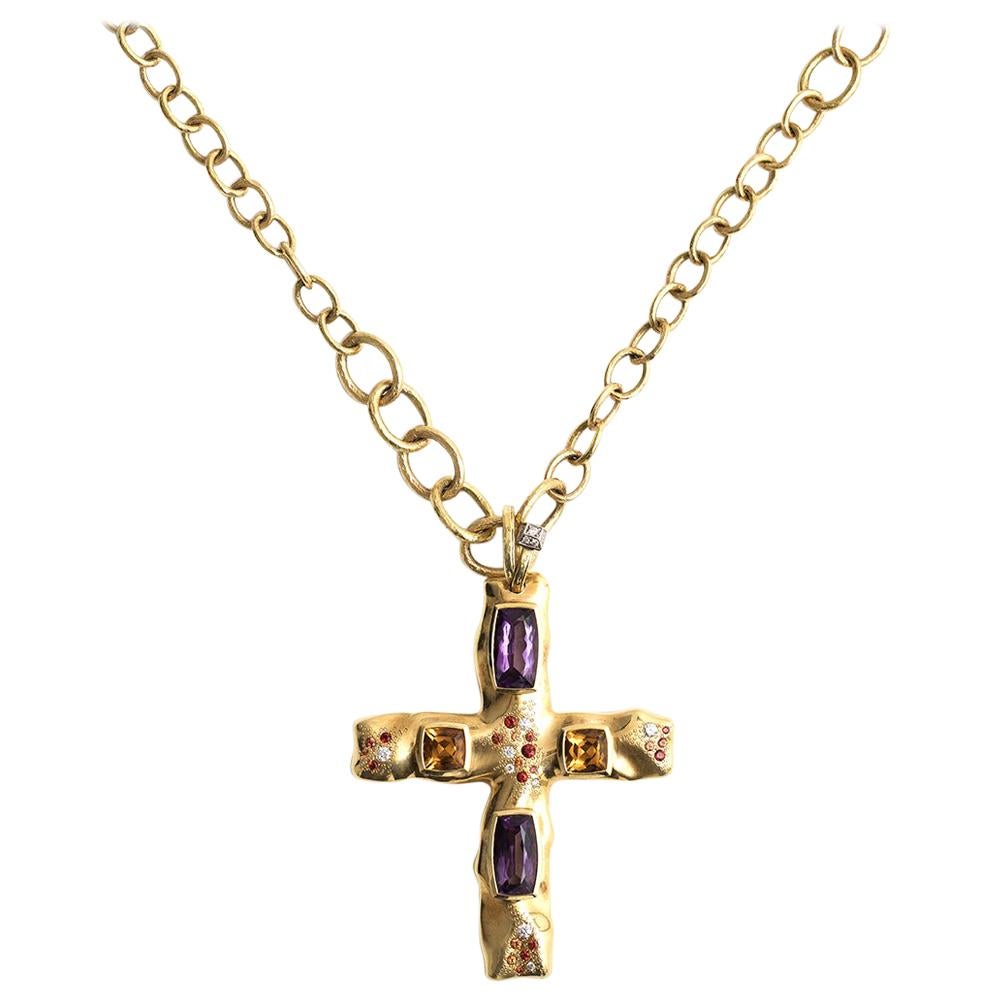 Valente Citrine Amethyst Sapphire Diamond 18 Karat Gold Cross Pendant For Sale