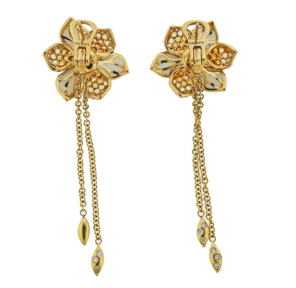 Valente Diamond Yellow Sapphire Enamel Gold Flower Drop Earrings In Excellent Condition In Lambertville, NJ