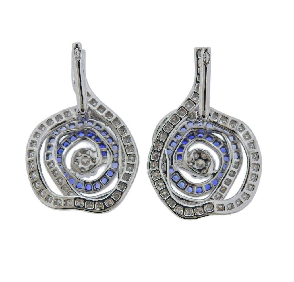 Valente Gold Diamond Blue Sapphire Rose Flower Earrings In Excellent Condition In Lambertville, NJ