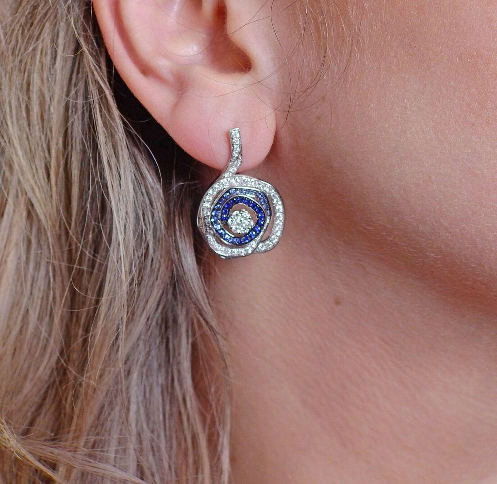 Women's or Men's Valente Gold Diamond Blue Sapphire Rose Flower Earrings