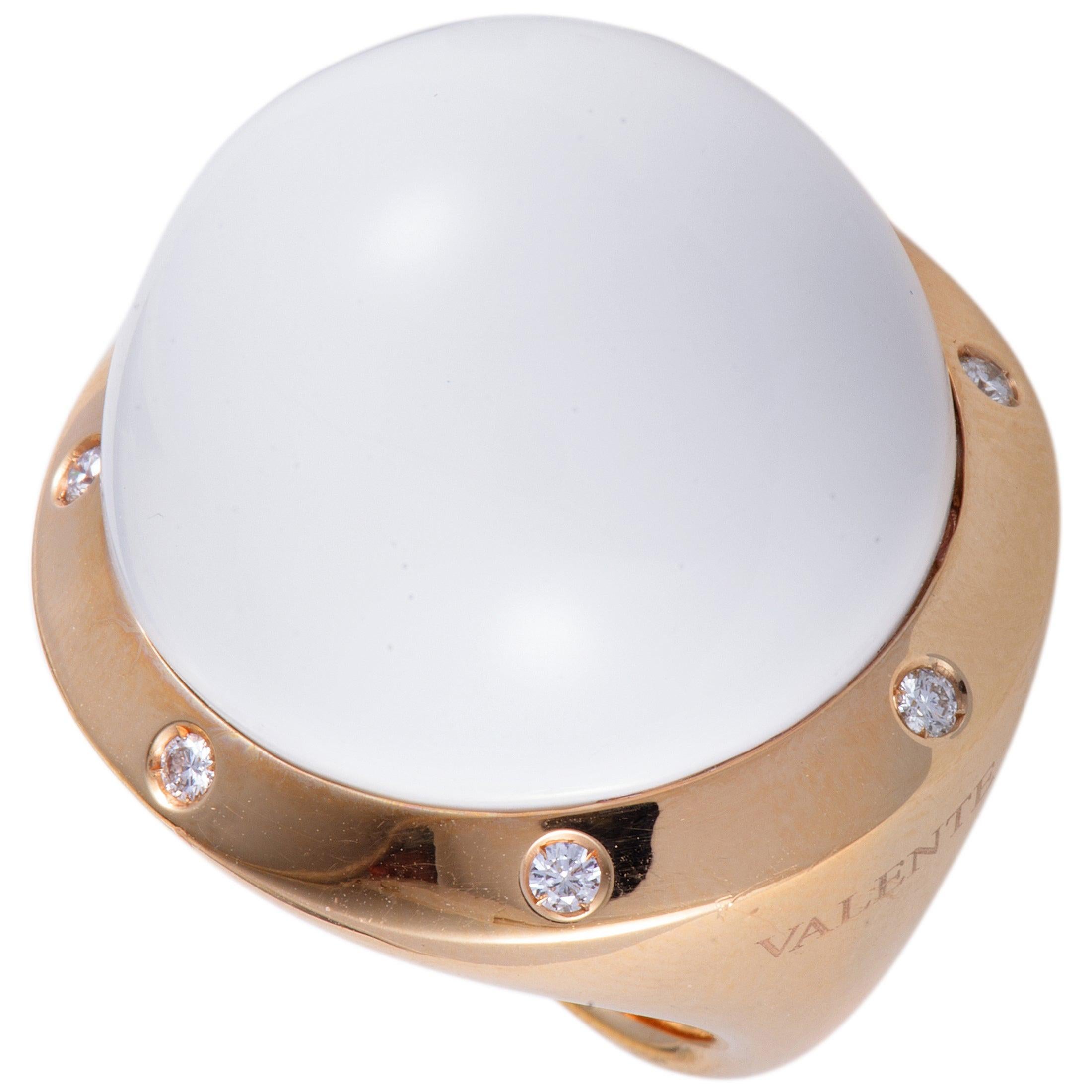 Valente Milano 18 Karat Rose Gold Diamond and White Agate Large Dome Ring