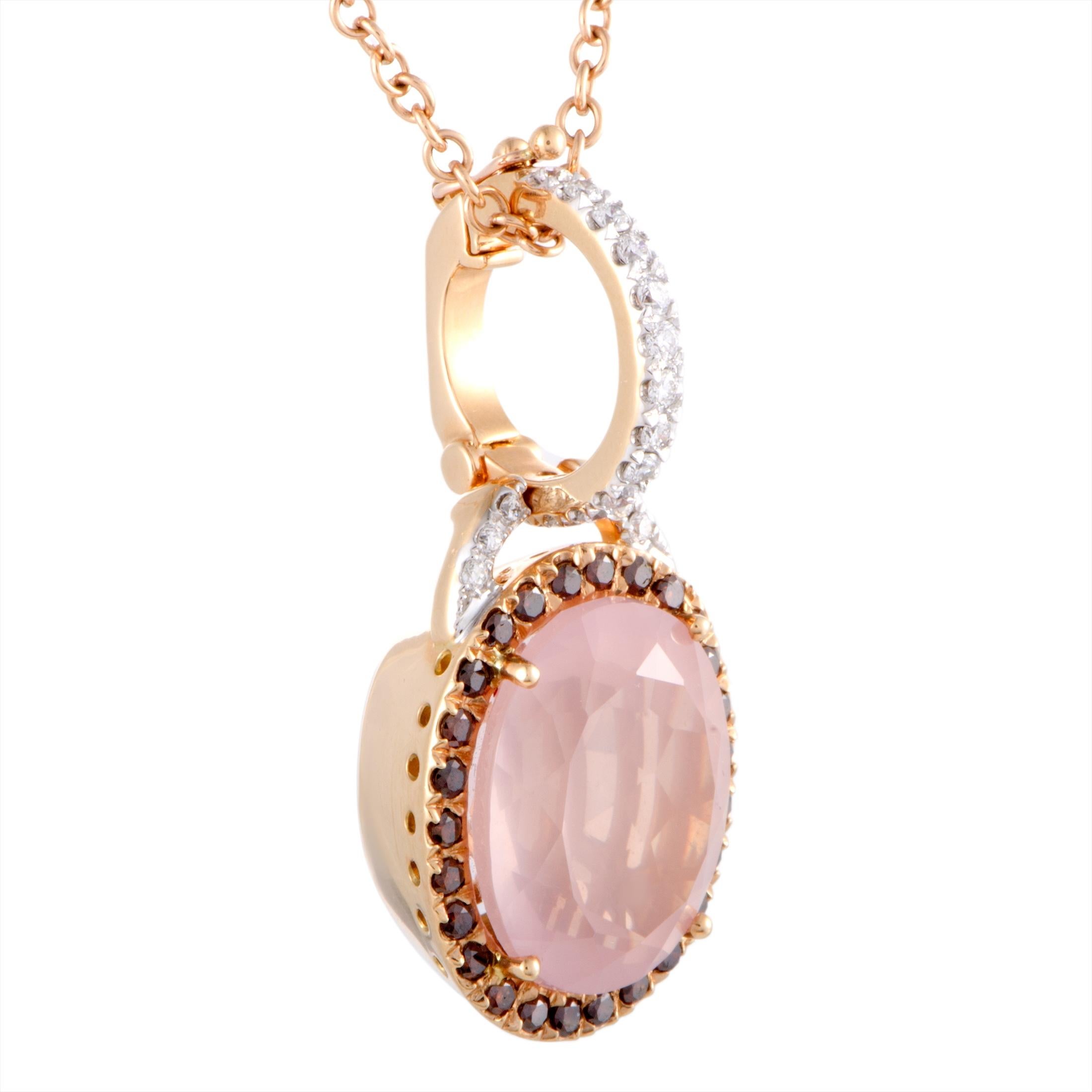 Valente Milano 18 Karat Rose Gold White and Brown Diamonds and Pink Quartz Oval In New Condition In Southampton, PA