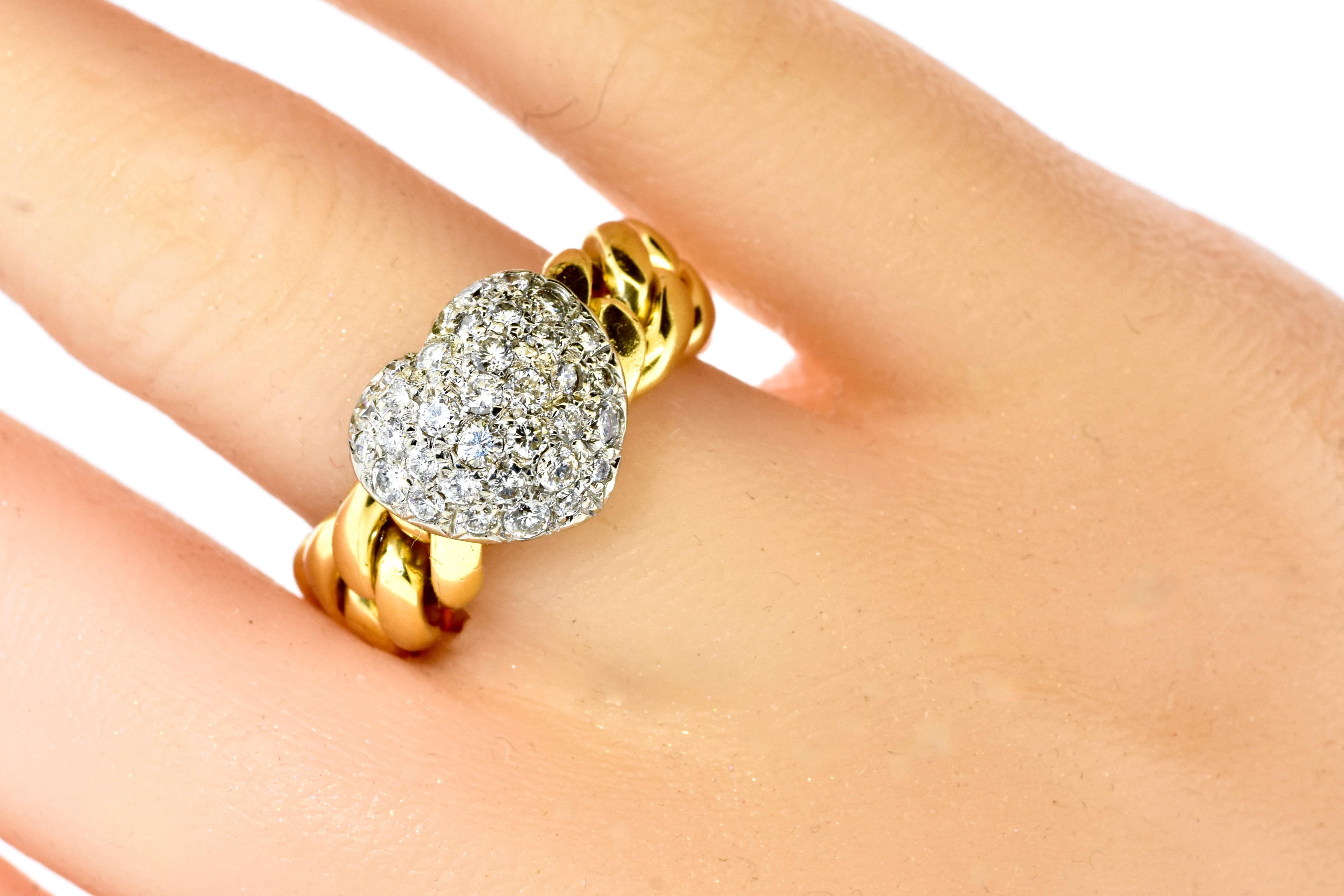 Women's or Men's Valente Milano, 18K Yellow & Platinum Pave Diamond Heart Motif Contemporary Ring For Sale