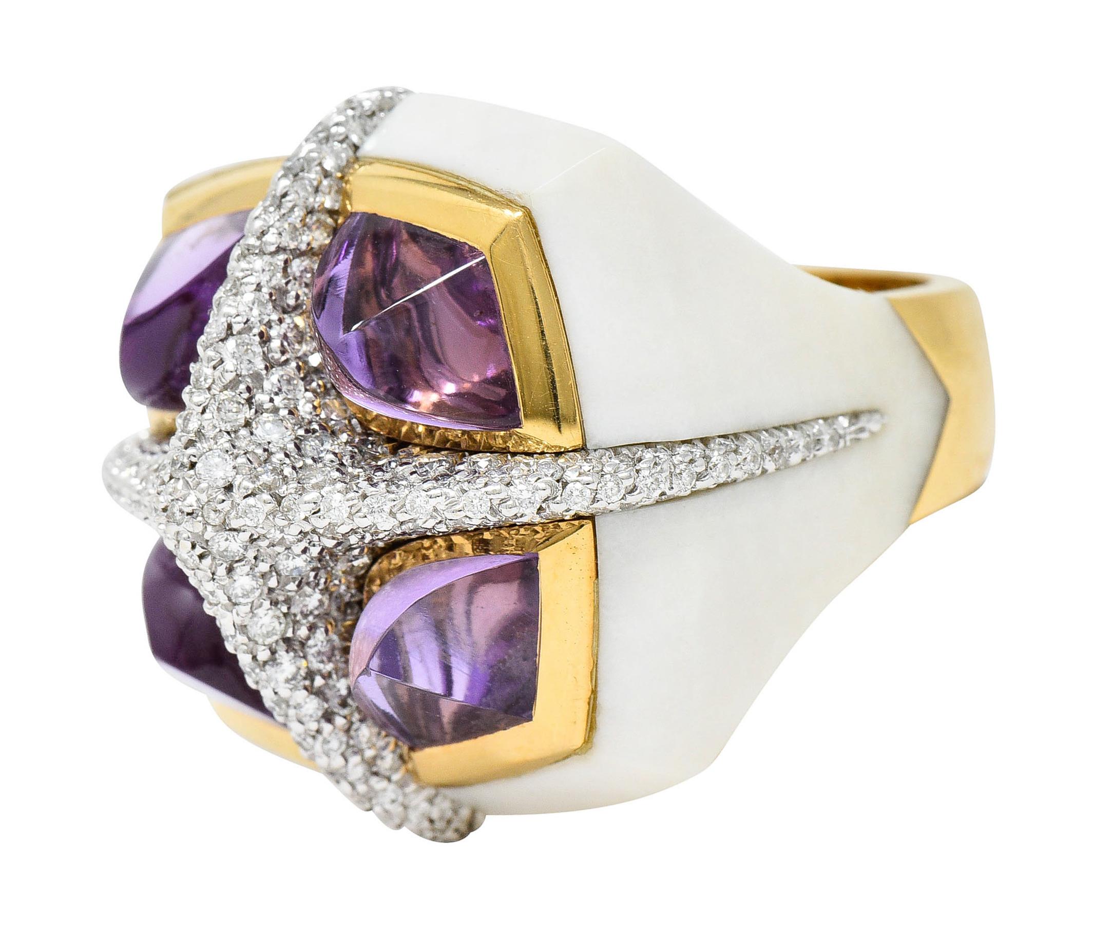 Sugarloaf Cabochon Valente Milano Diamond Amethyst Agate 18 Karat Gold Statement Ring