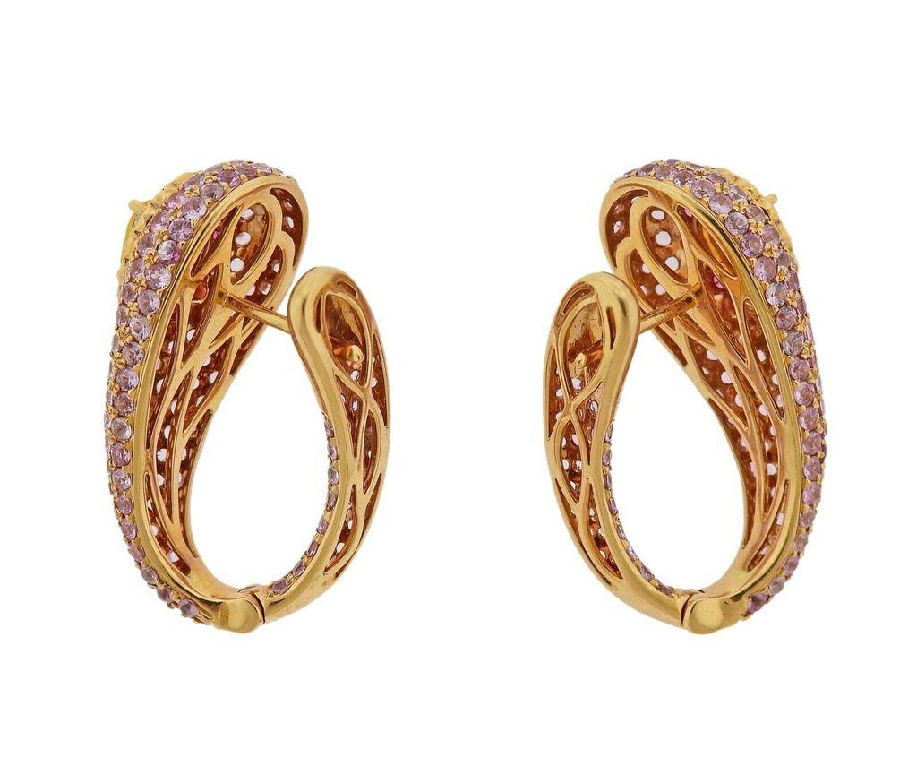 18k gold earrings crafted by Valente. Earrings features 0.23ctw in VS GH diamonds, and 5.84 ctw in multi color sapphires. Earrings are 30mm x 13mm. Total weight 14 grams. Marked Valente, 750. 

