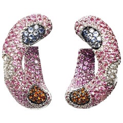 Valente Multicolored Sapphire and Diamonds Side Hoop 18 Karat Gold Earrings