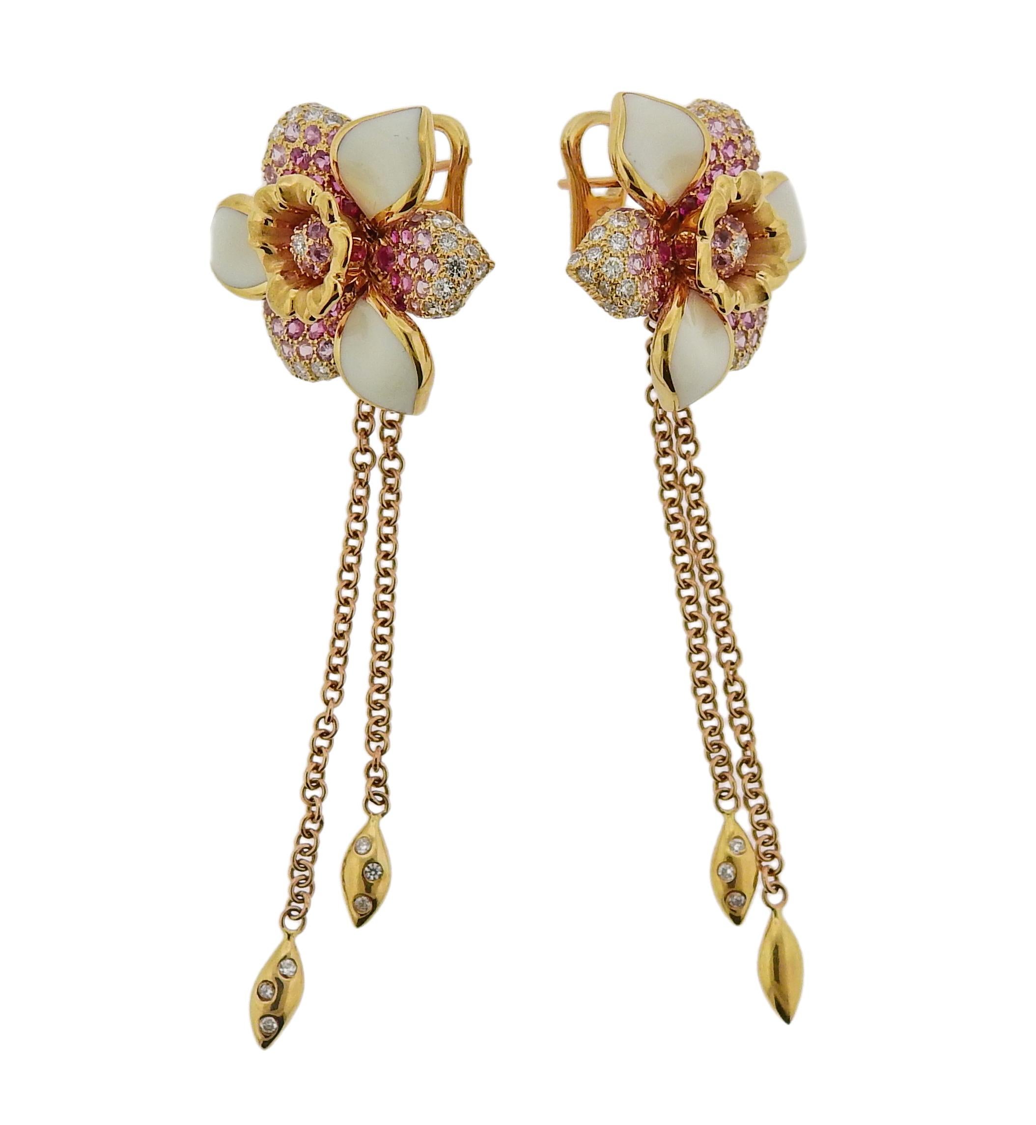 Pair of Valente delicate flower earrings, featuring approx. 1.35ctw in G/Vs diamonds, enamel petals and approx. 2.80ctw in pink sapphires.  Earrings are 72mm long, flowers measure 25mm x 26mm. Weigh 20.6 grams. Marked: 750, Italian mark, Valente.