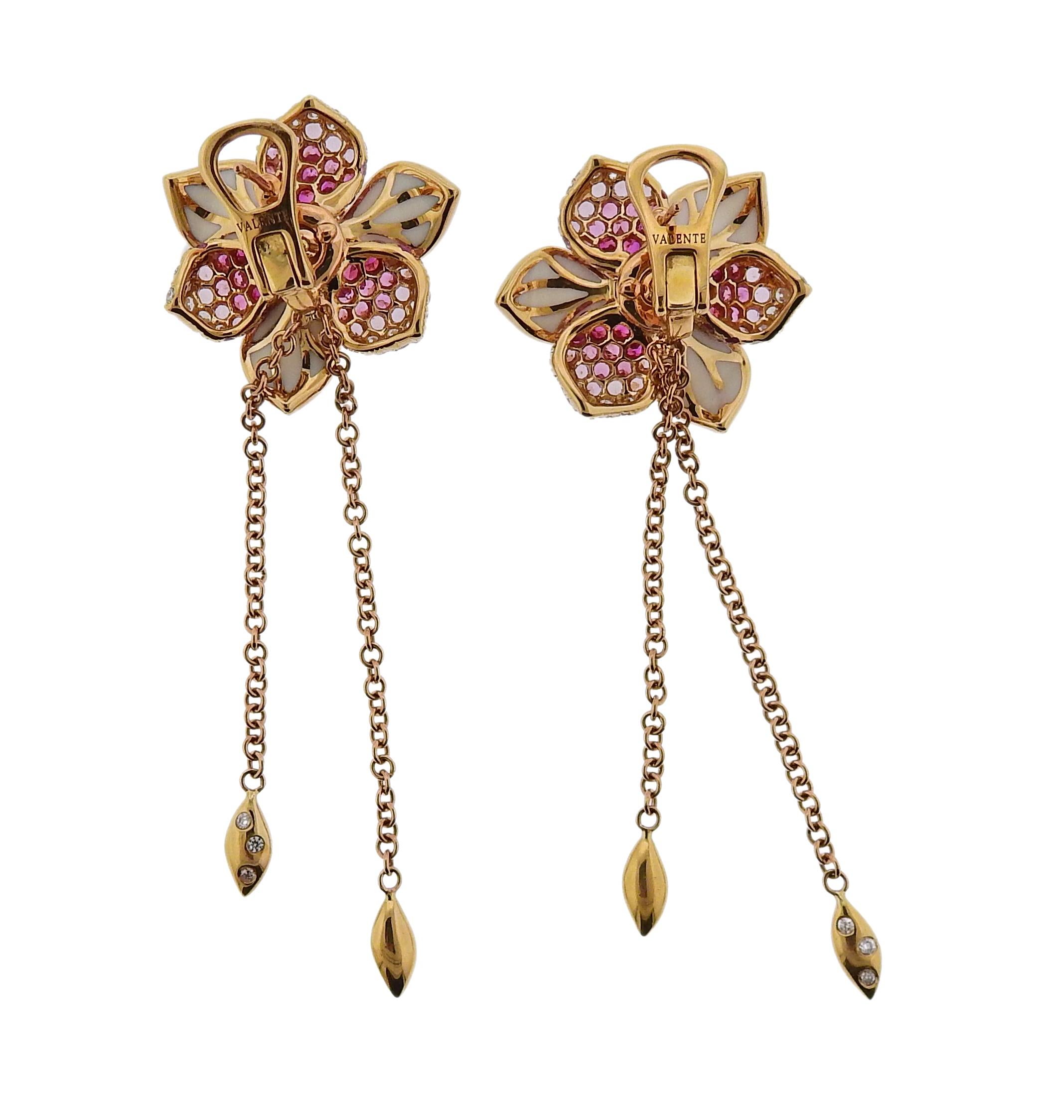 Valente Pink Sapphire Diamond Enamel Gold Flower Earrings In New Condition In Lambertville, NJ