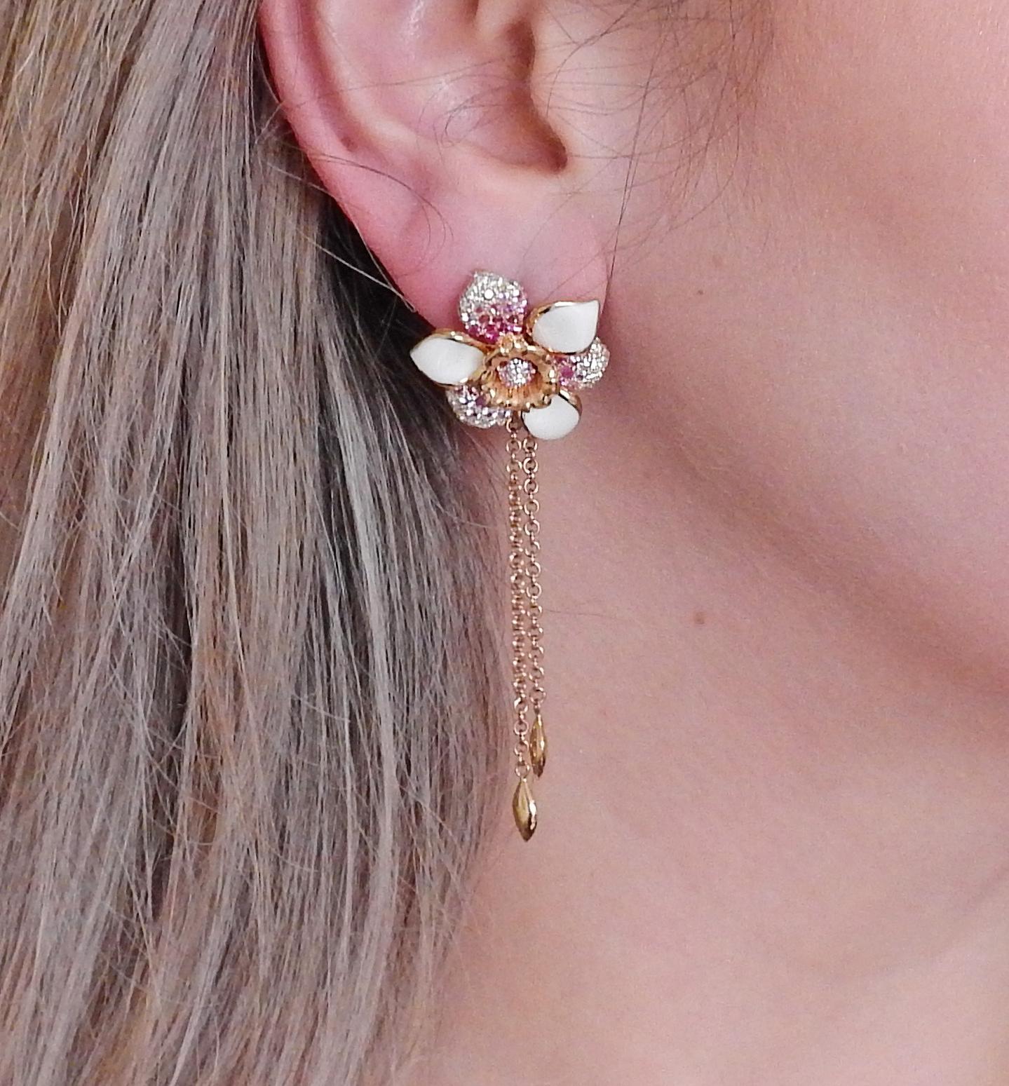 Valente Pink Sapphire Diamond Enamel Gold Flower Earrings 1