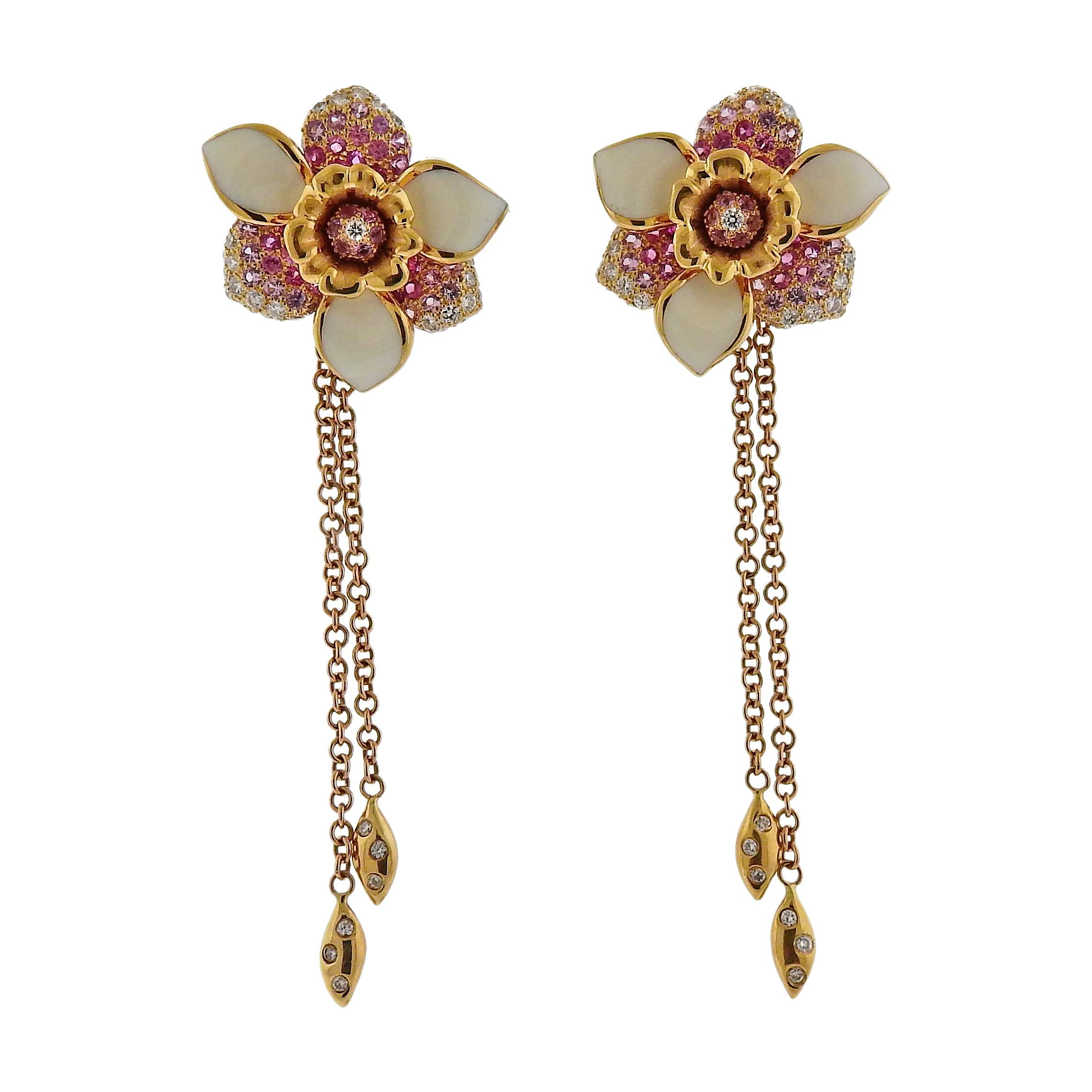 Valente Pink Sapphire Diamond Enamel Gold Flower Earrings