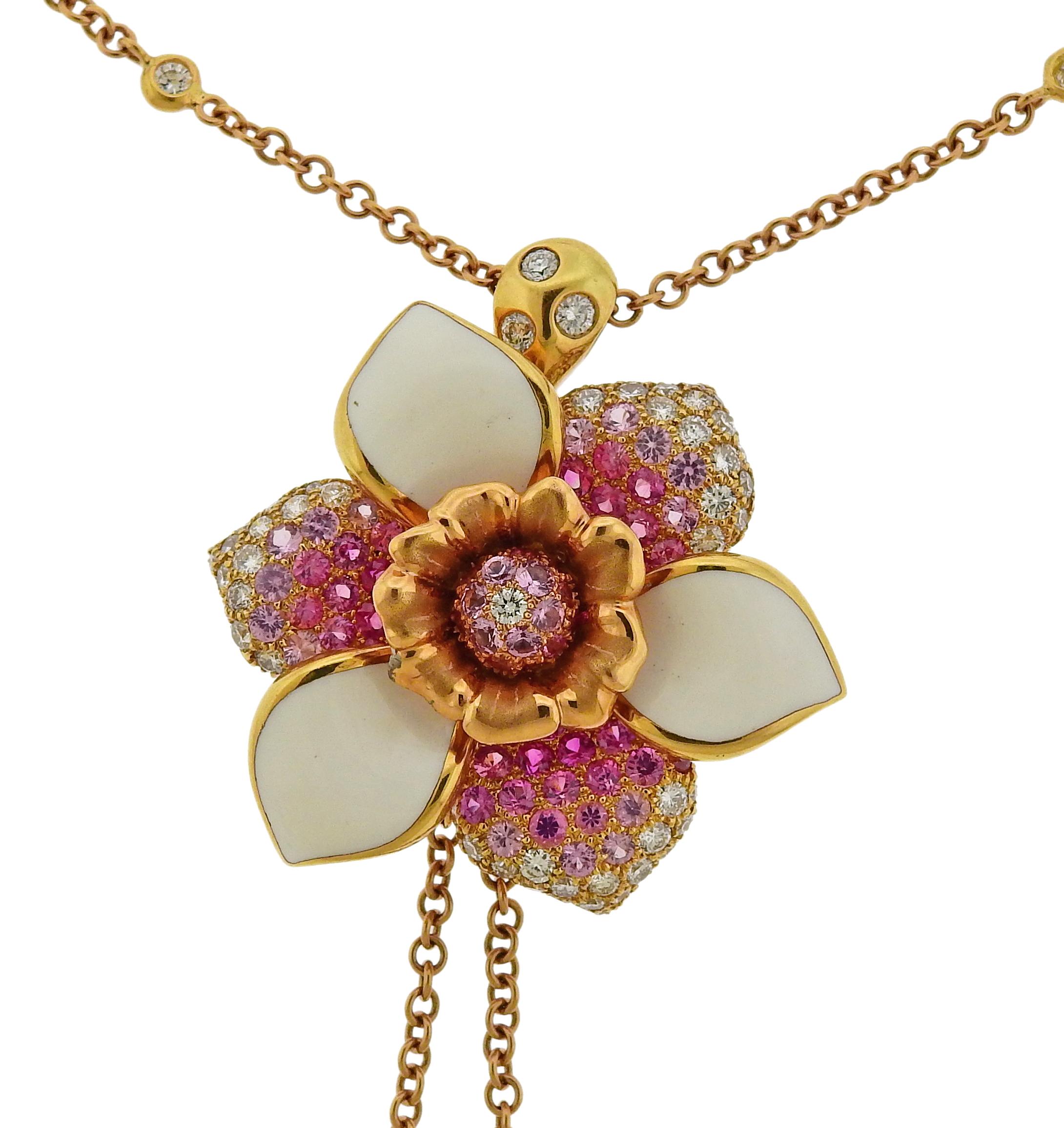 Valente Pink Sapphire Diamond Enamel Gold Flower Pendant Necklace In New Condition In Lambertville, NJ