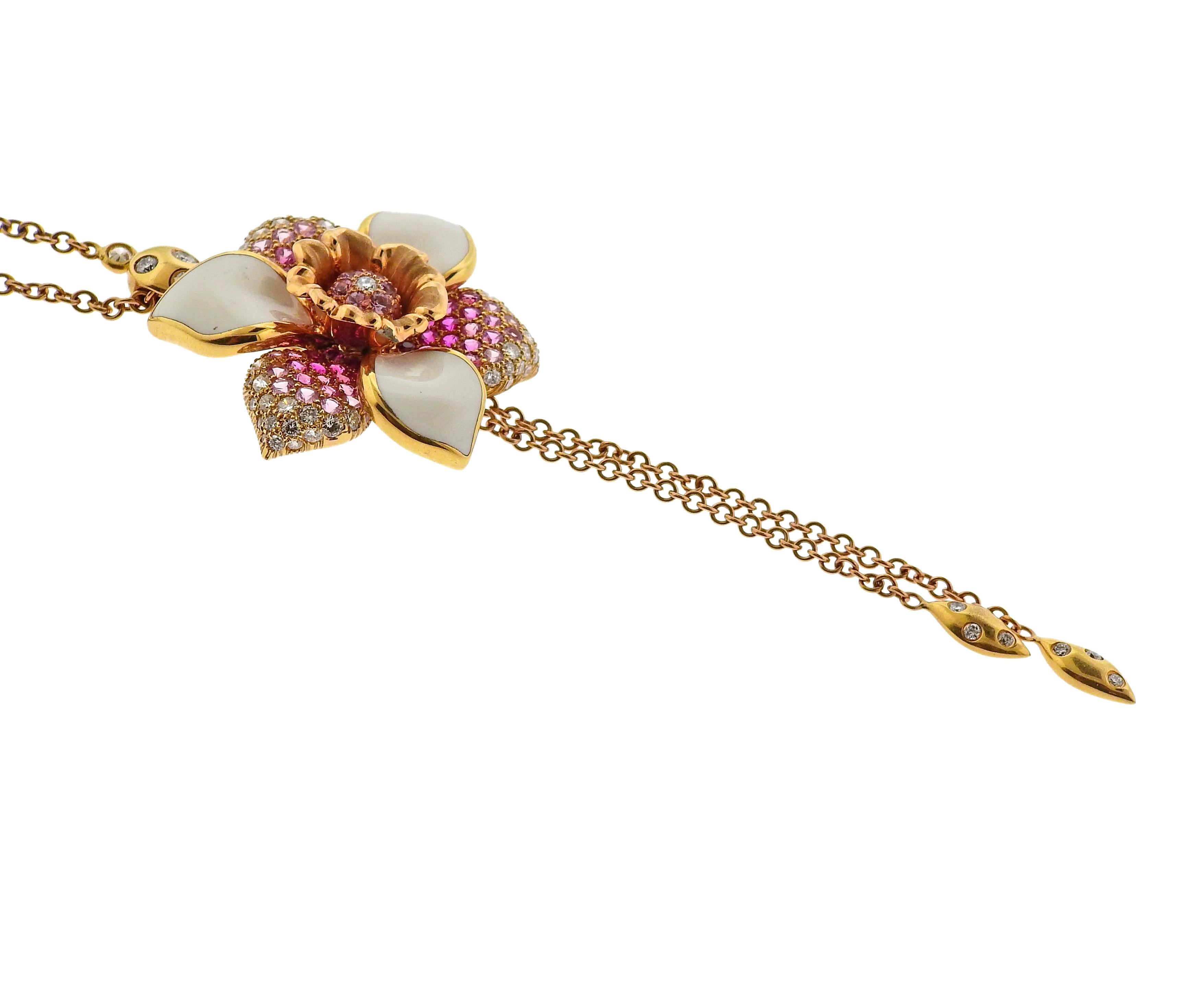 Valente Pink Sapphire Diamond Enamel Gold Flower Pendant Necklace 1