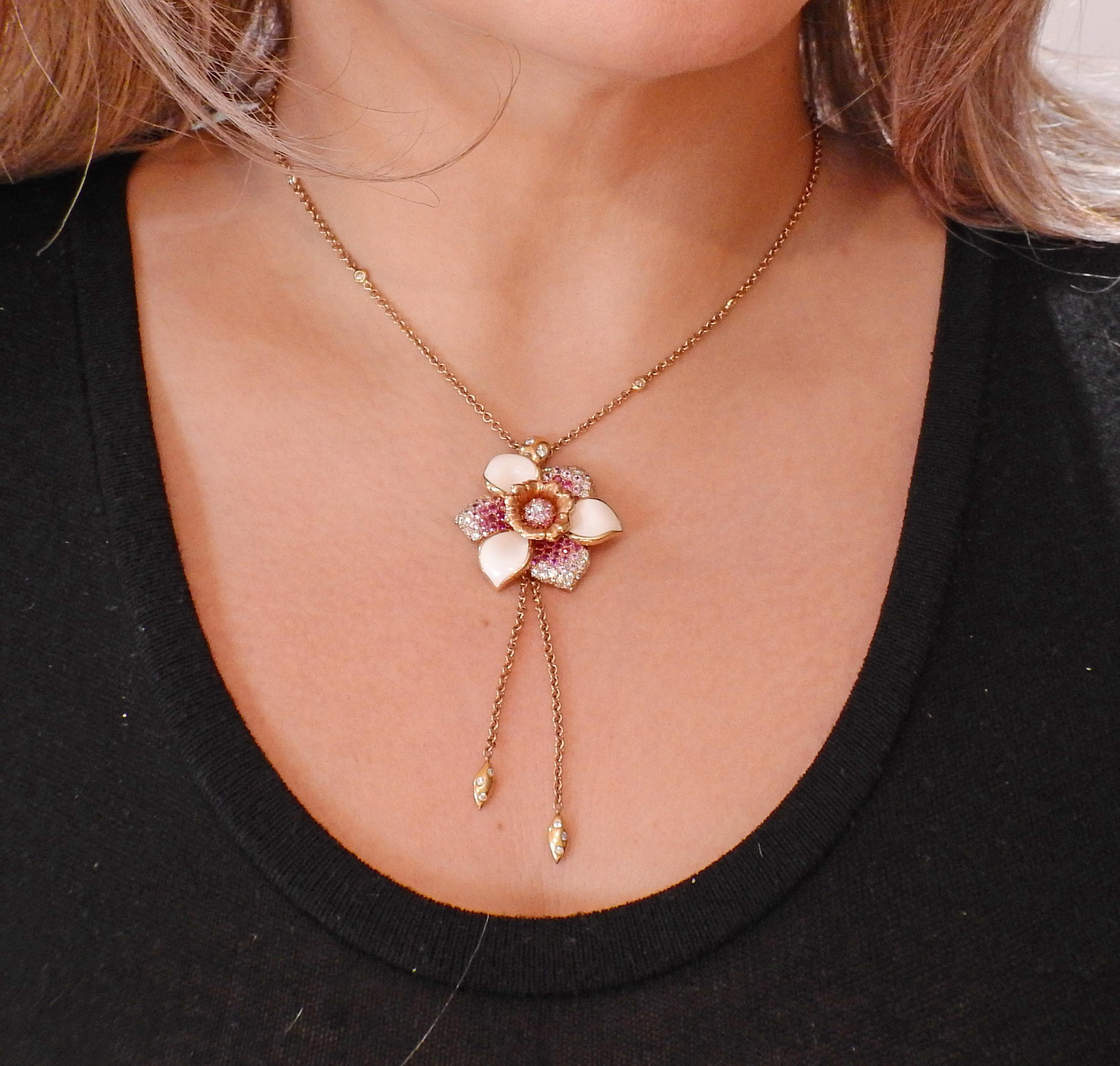 Valente Pink Sapphire Diamond Enamel Gold Flower Pendant Necklace 2