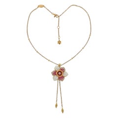 Valente Pink Sapphire Diamond Enamel Gold Flower Pendant Necklace
