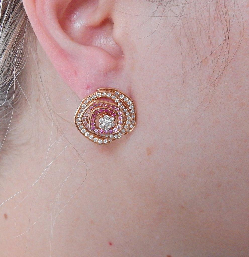 Women's or Men's Valente Pink Sapphire Diamond Gold Flower Earrings