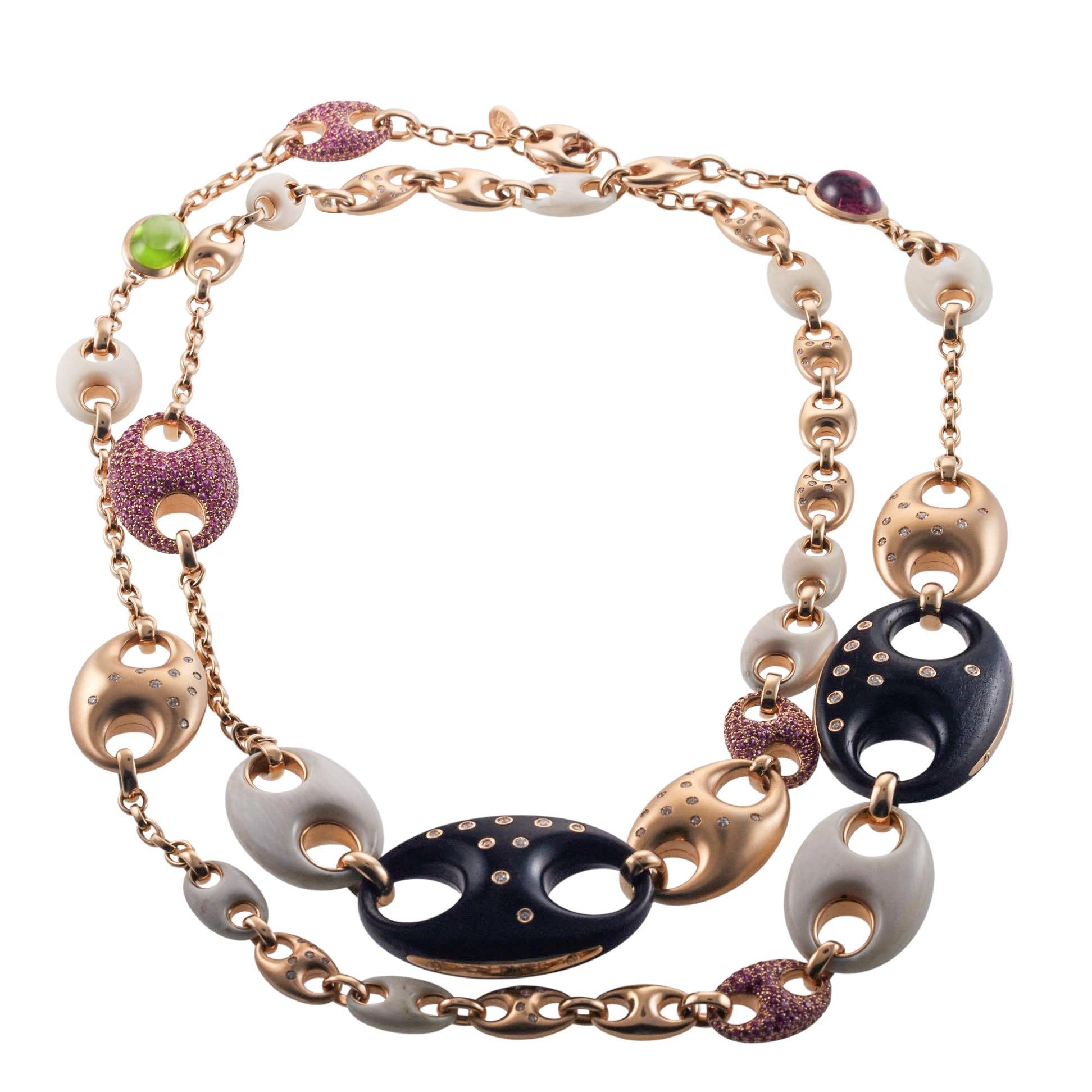 Valente Wood Sapphire Diamond Tourmaline Gold Long Station Necklace For Sale