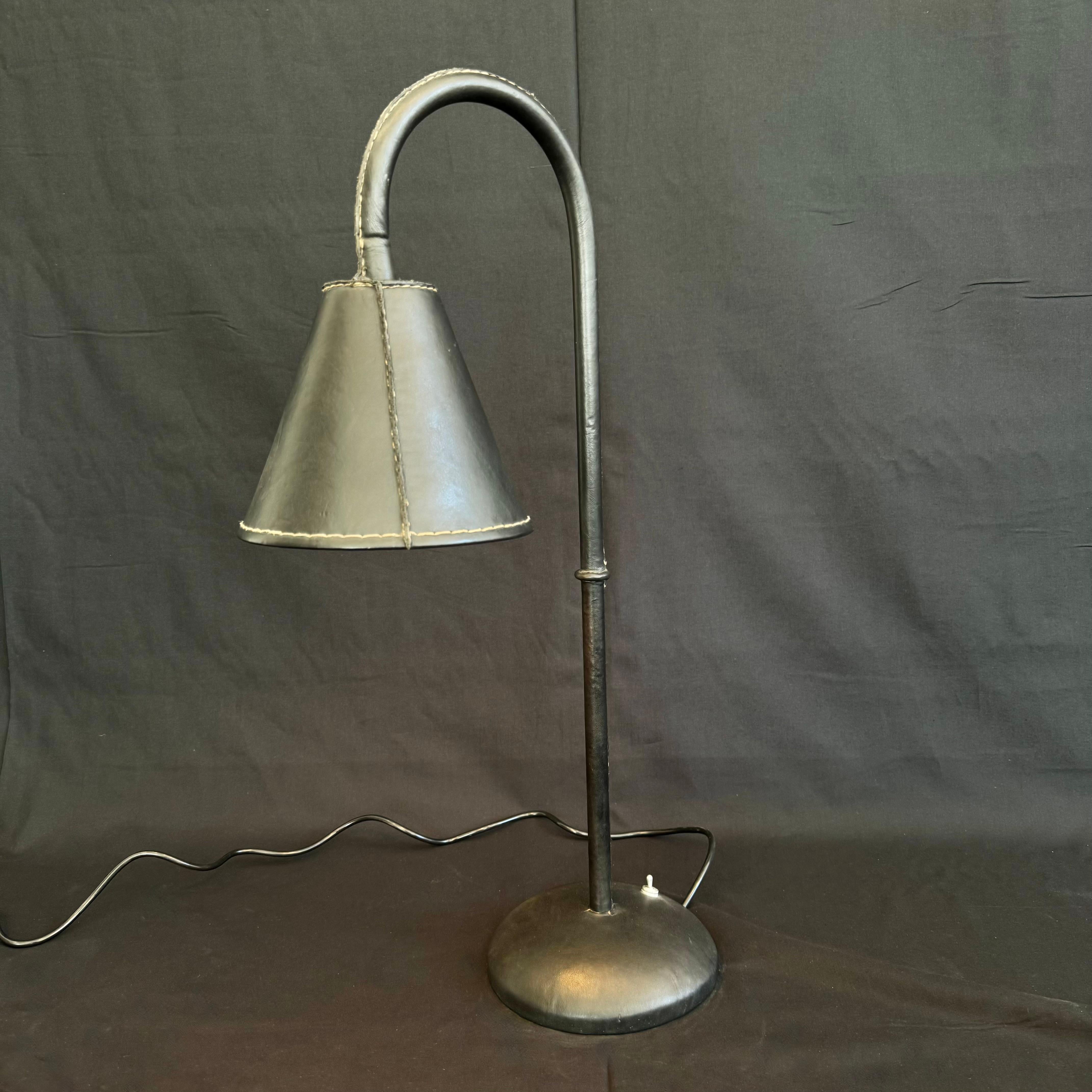 Black Leather Table Lamp in the Style of Jacques Adnet, 1970s Spain For Sale 4