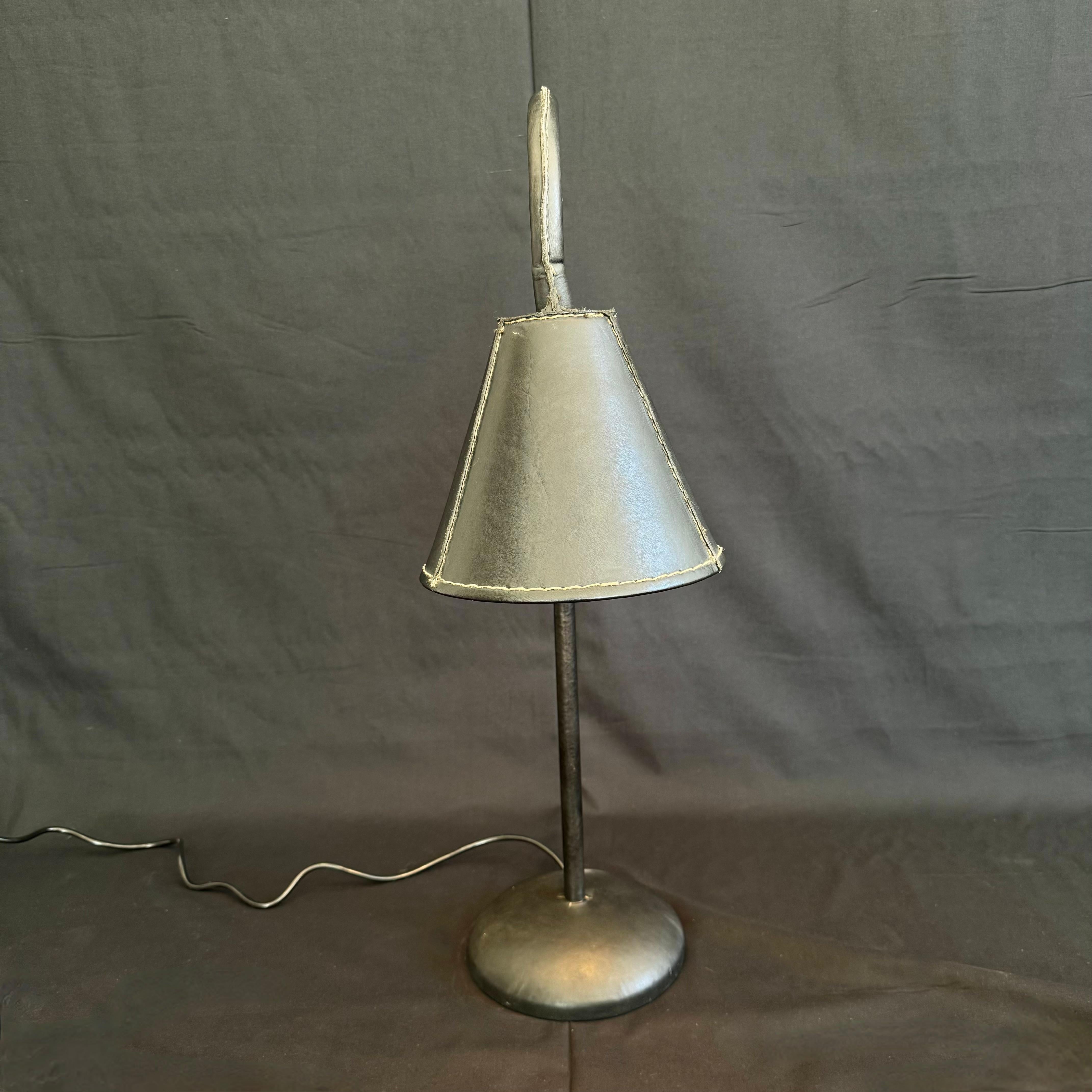 Spanish Black Leather Table Lamp in the Style of Jacques Adnet, 1970s Spain For Sale