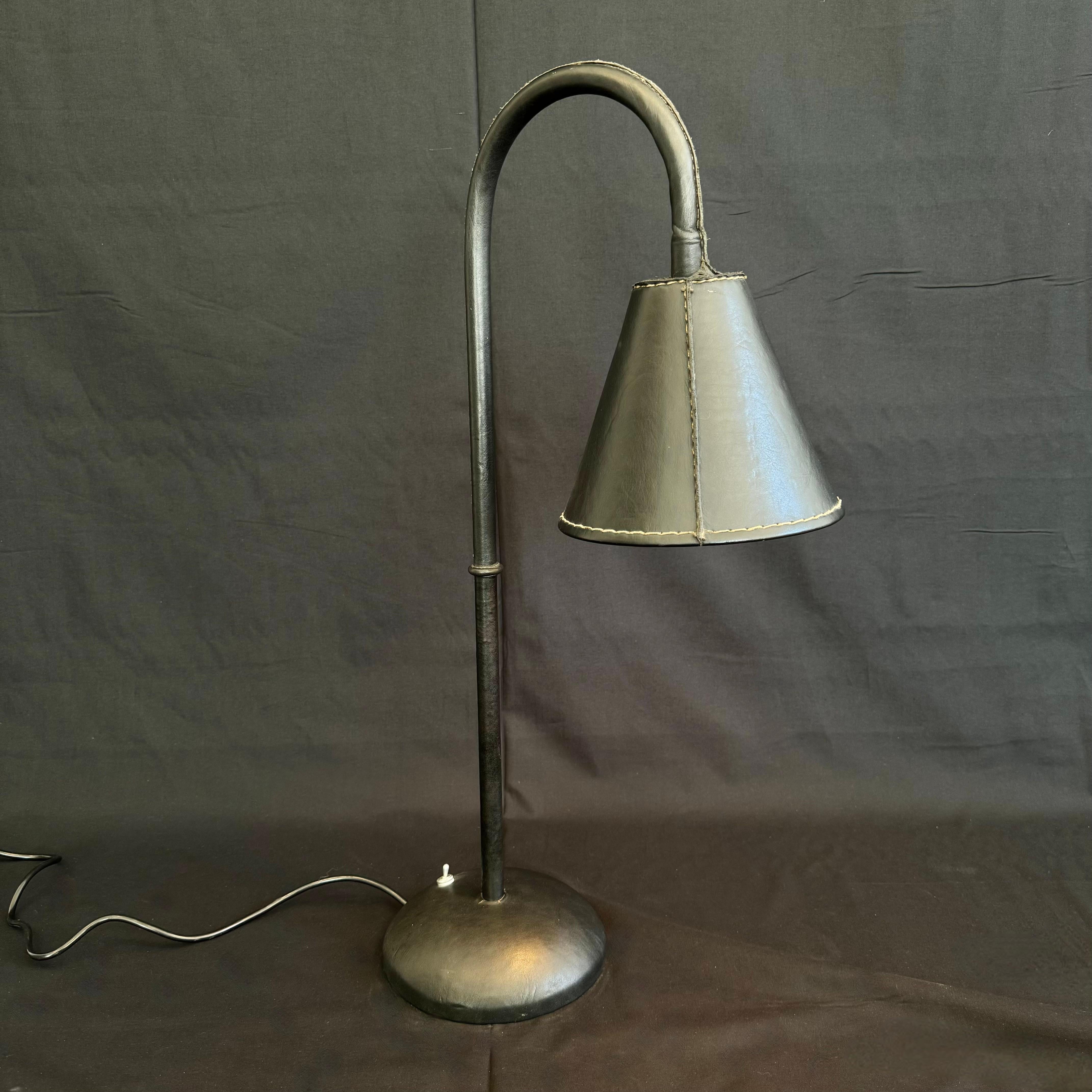 Black Leather Table Lamp in the Style of Jacques Adnet, 1970s Spain In Good Condition For Sale In Los Angeles, CA