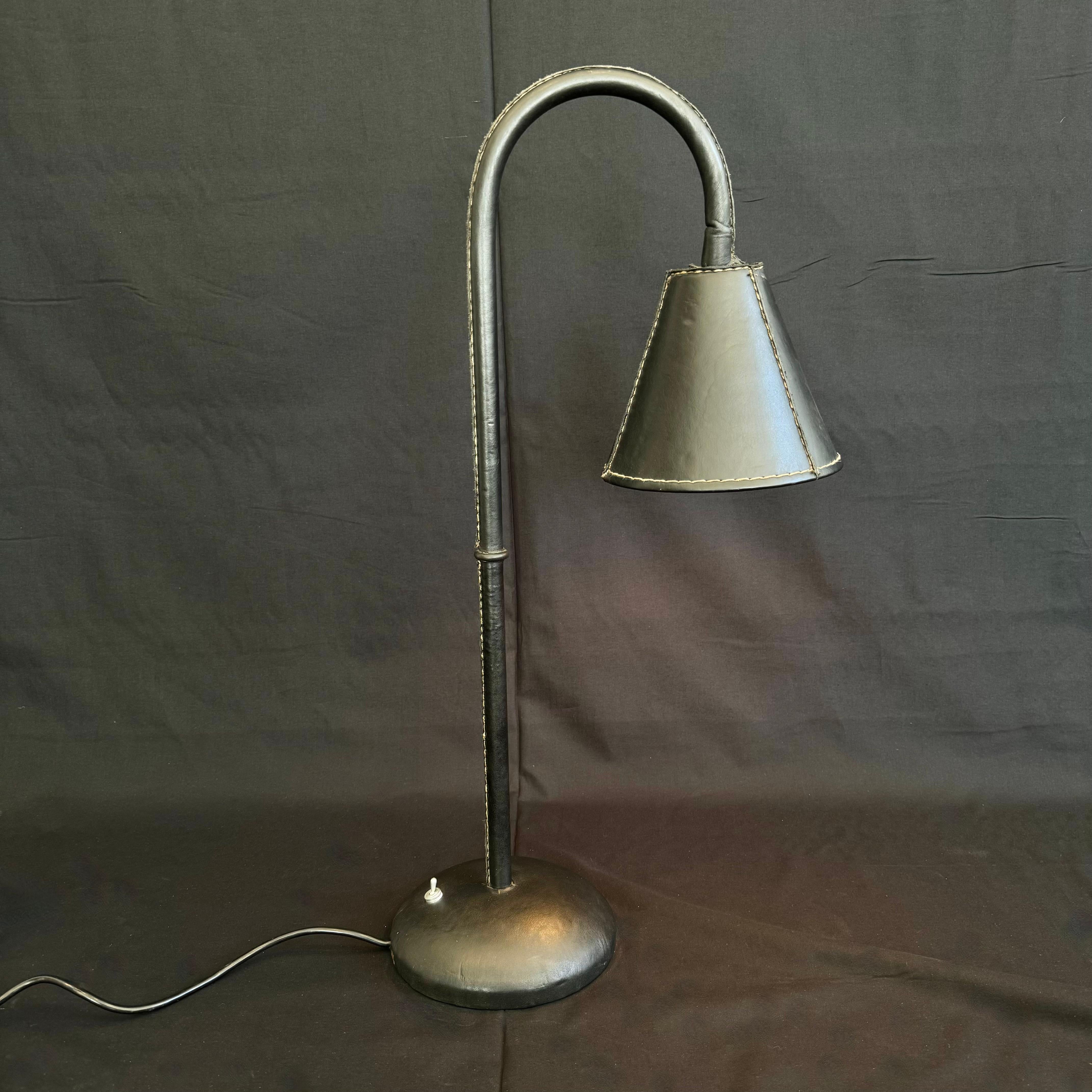Late 20th Century Black Leather Table Lamp in the Style of Jacques Adnet, 1970s Spain For Sale