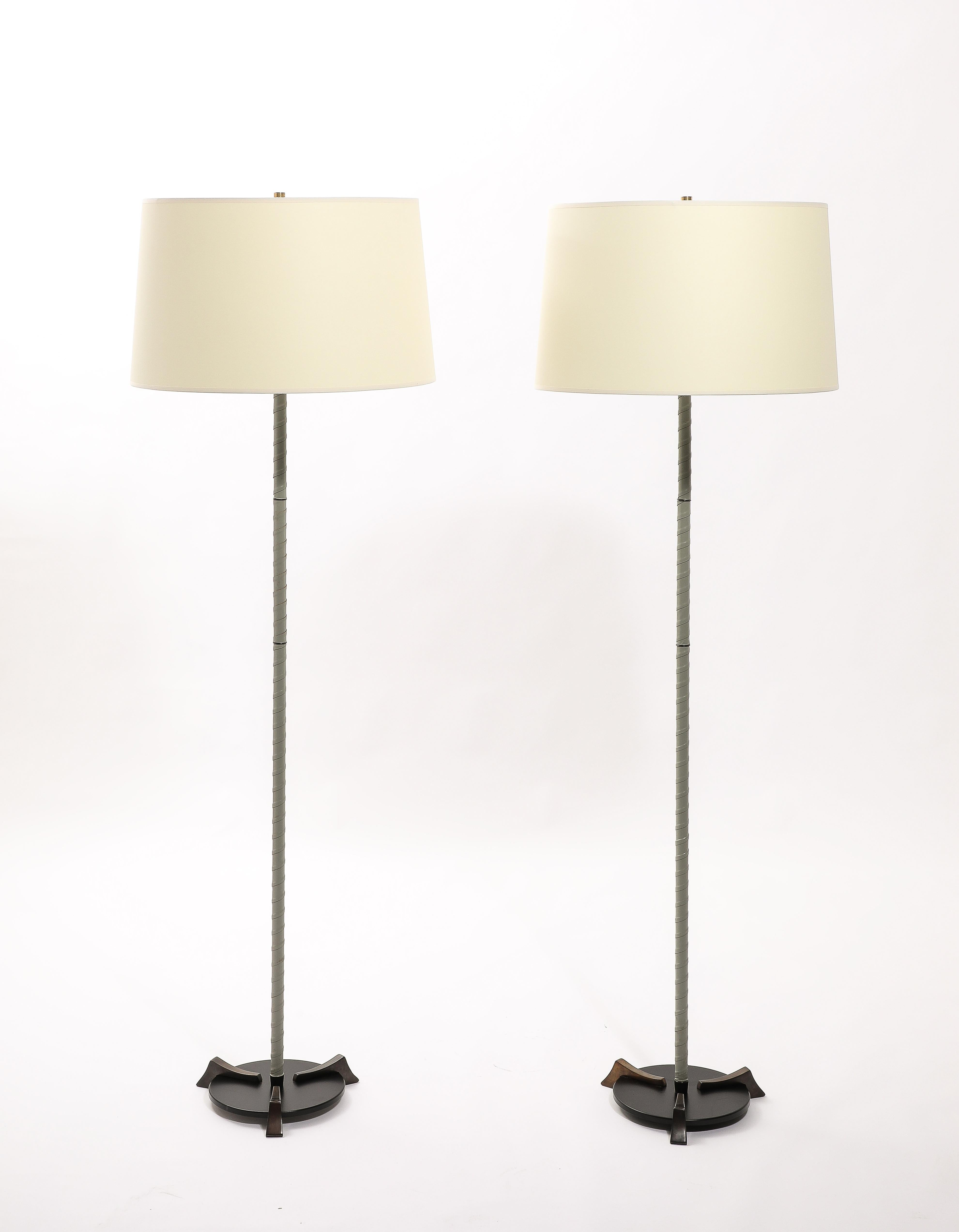 Mid-Century Modern Valenti Brass & Leather Floor Lamps, Spain 1950's For Sale