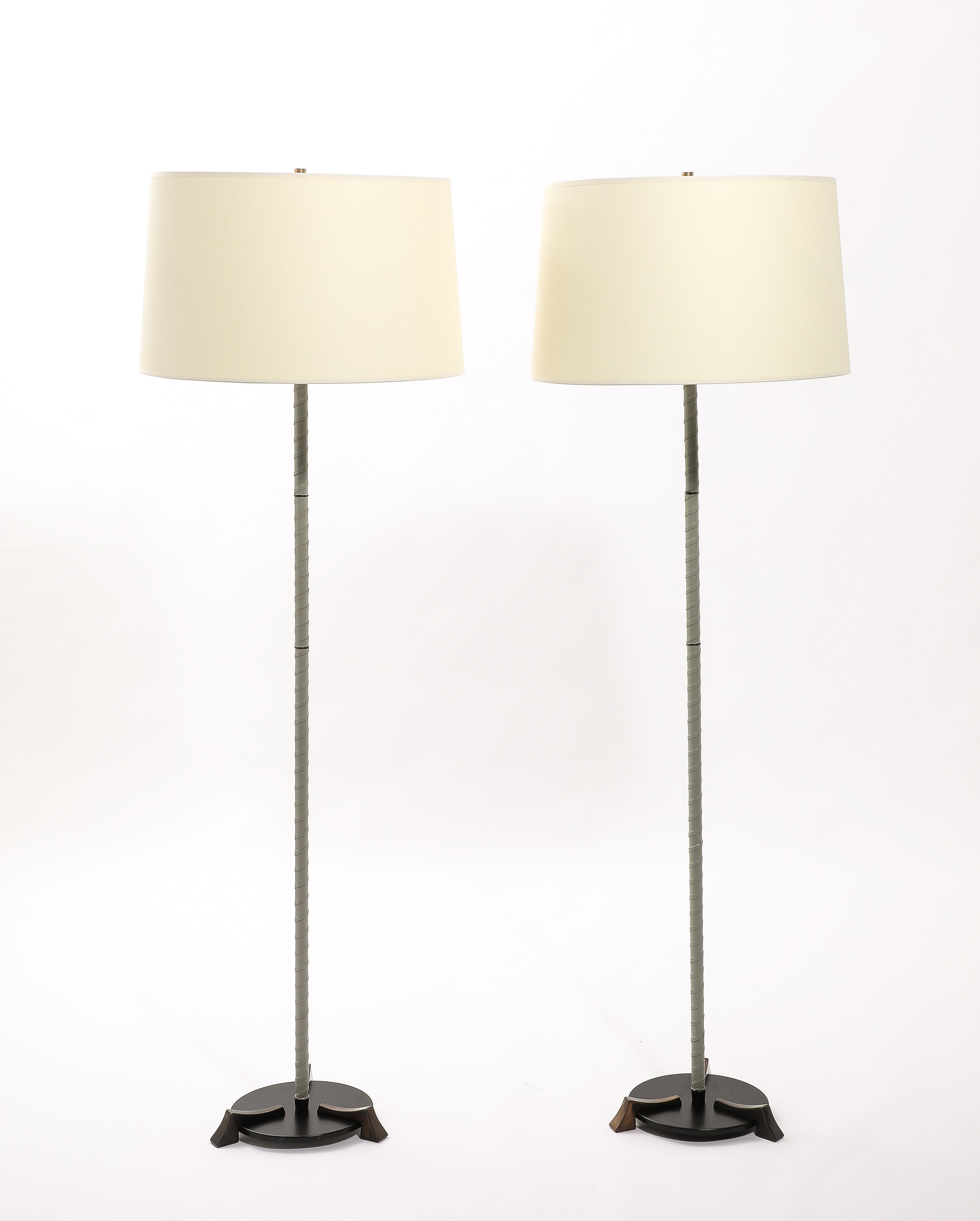 20th Century Valenti Brass & Leather Floor Lamps, Spain 1950's For Sale