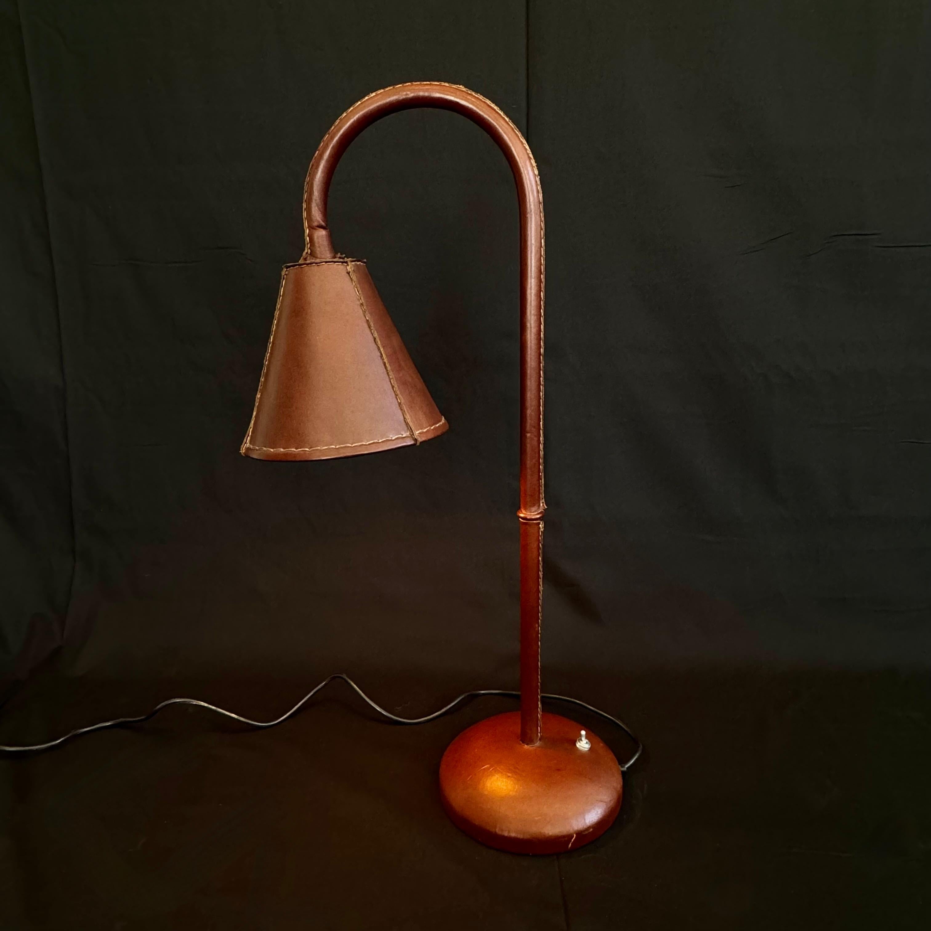 Brown Leather Table Lamp in the Style of Jacques Adnet, 1970s Spain For Sale 3