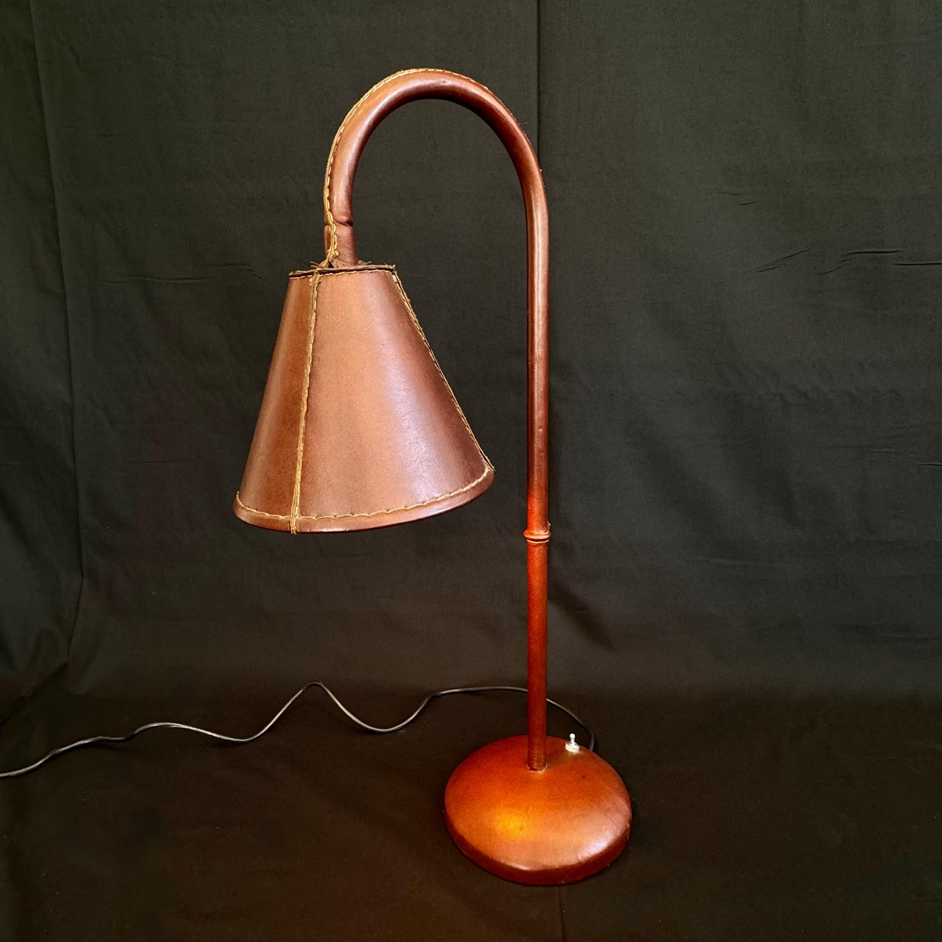 Brown Leather Table Lamp in the Style of Jacques Adnet, 1970s Spain For Sale 4