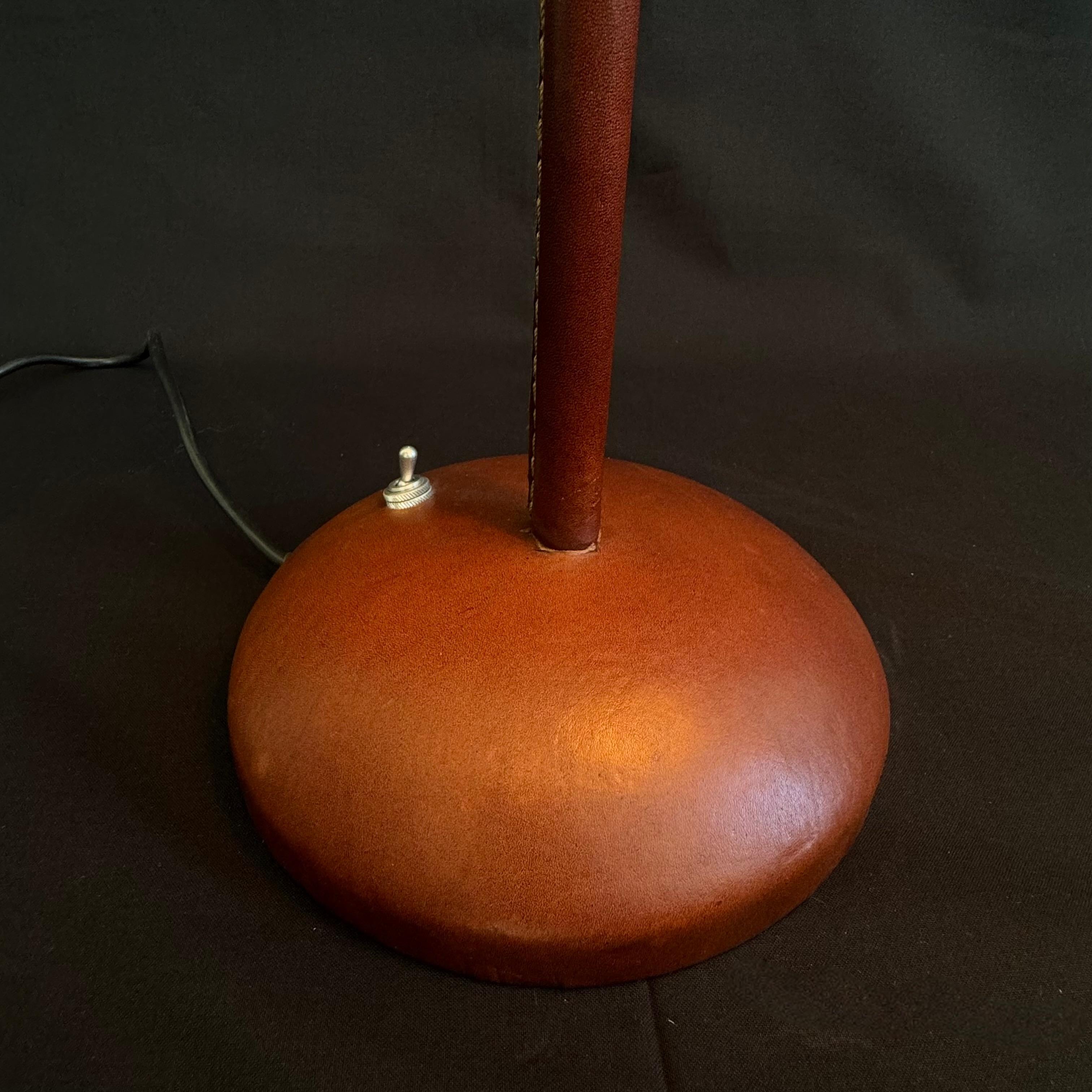 Brown Leather Table Lamp in the Style of Jacques Adnet, 1970s Spain For Sale 5