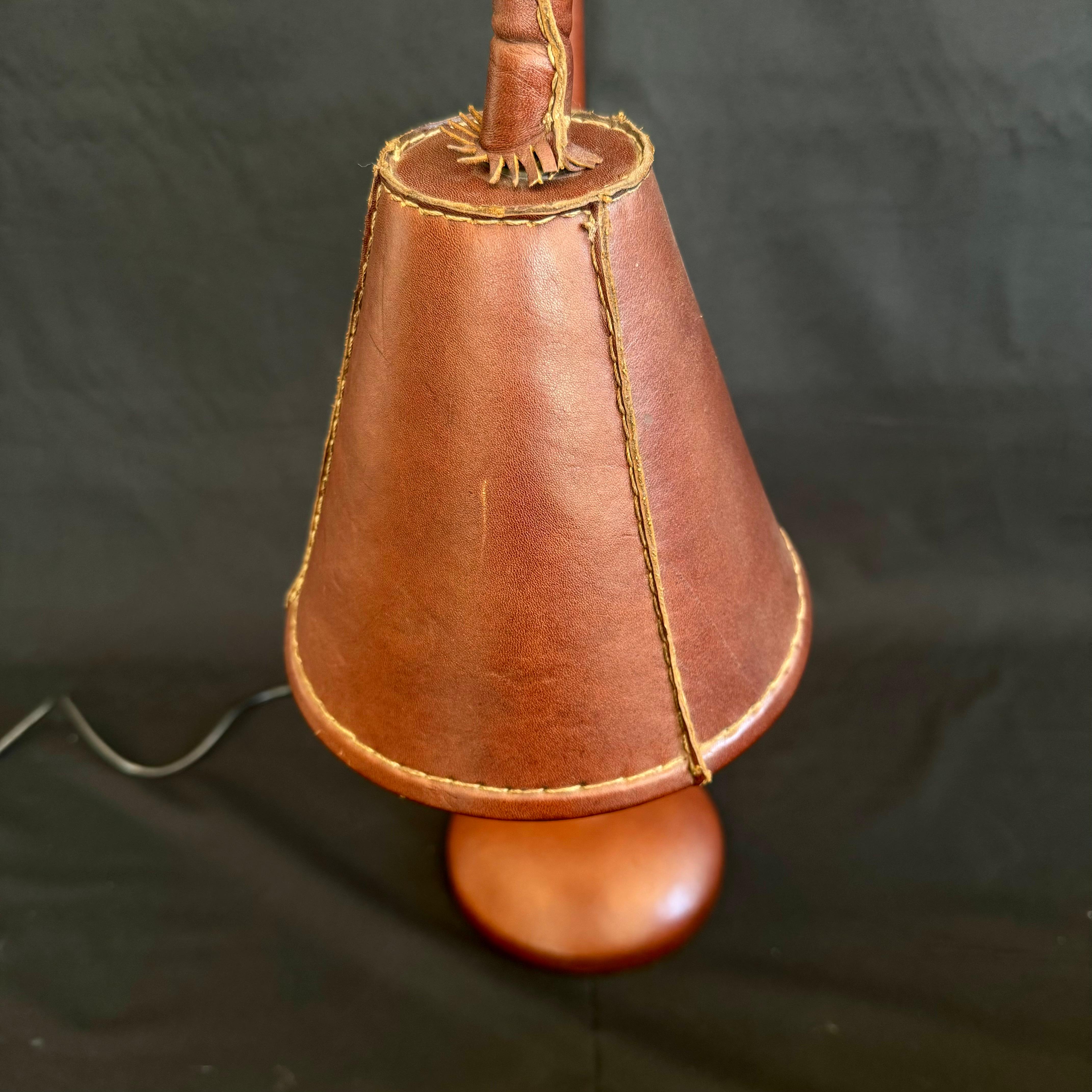 Mid-Century Modern Brown Leather Table Lamp in the Style of Jacques Adnet, 1970s Spain For Sale