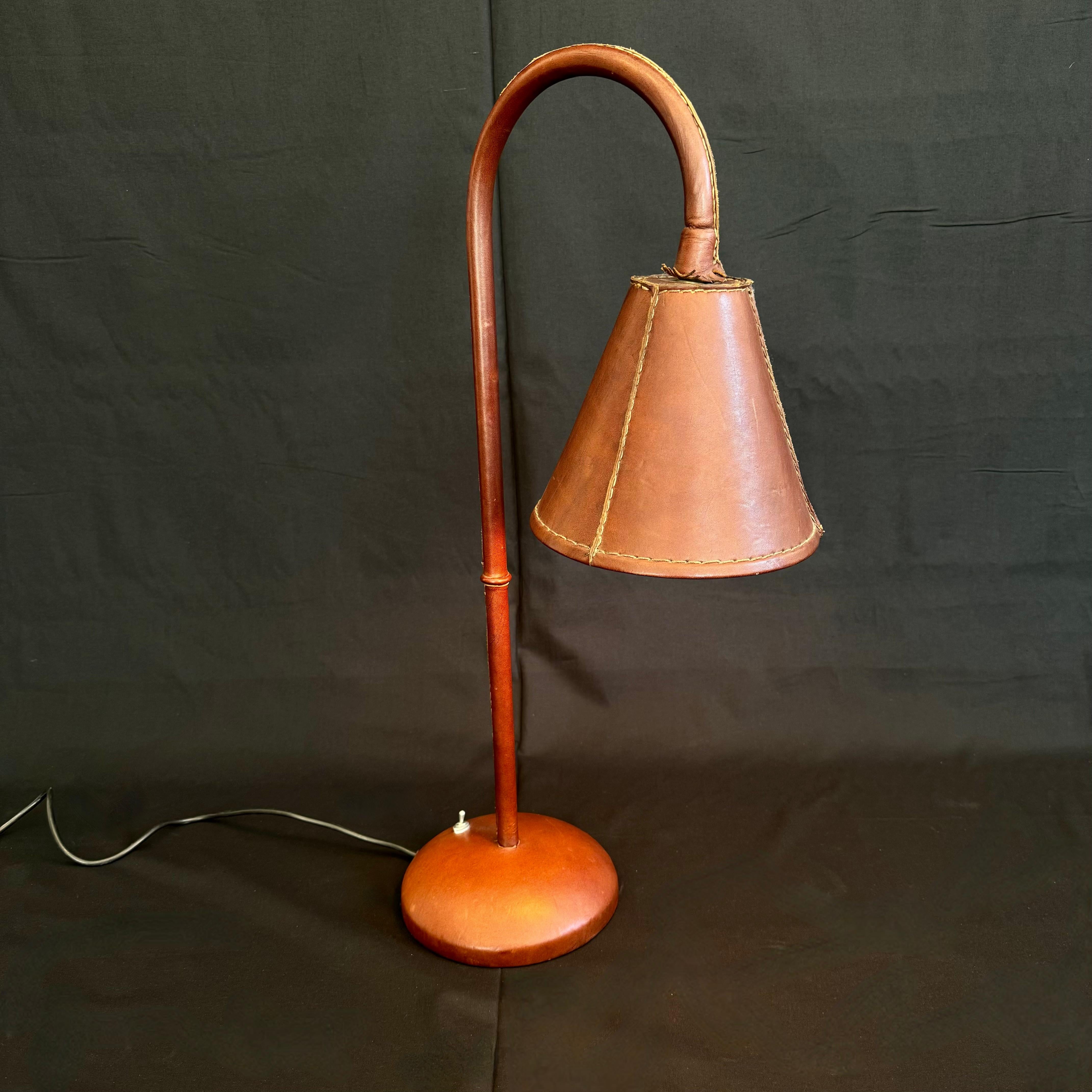 Spanish Brown Leather Table Lamp in the Style of Jacques Adnet, 1970s Spain For Sale