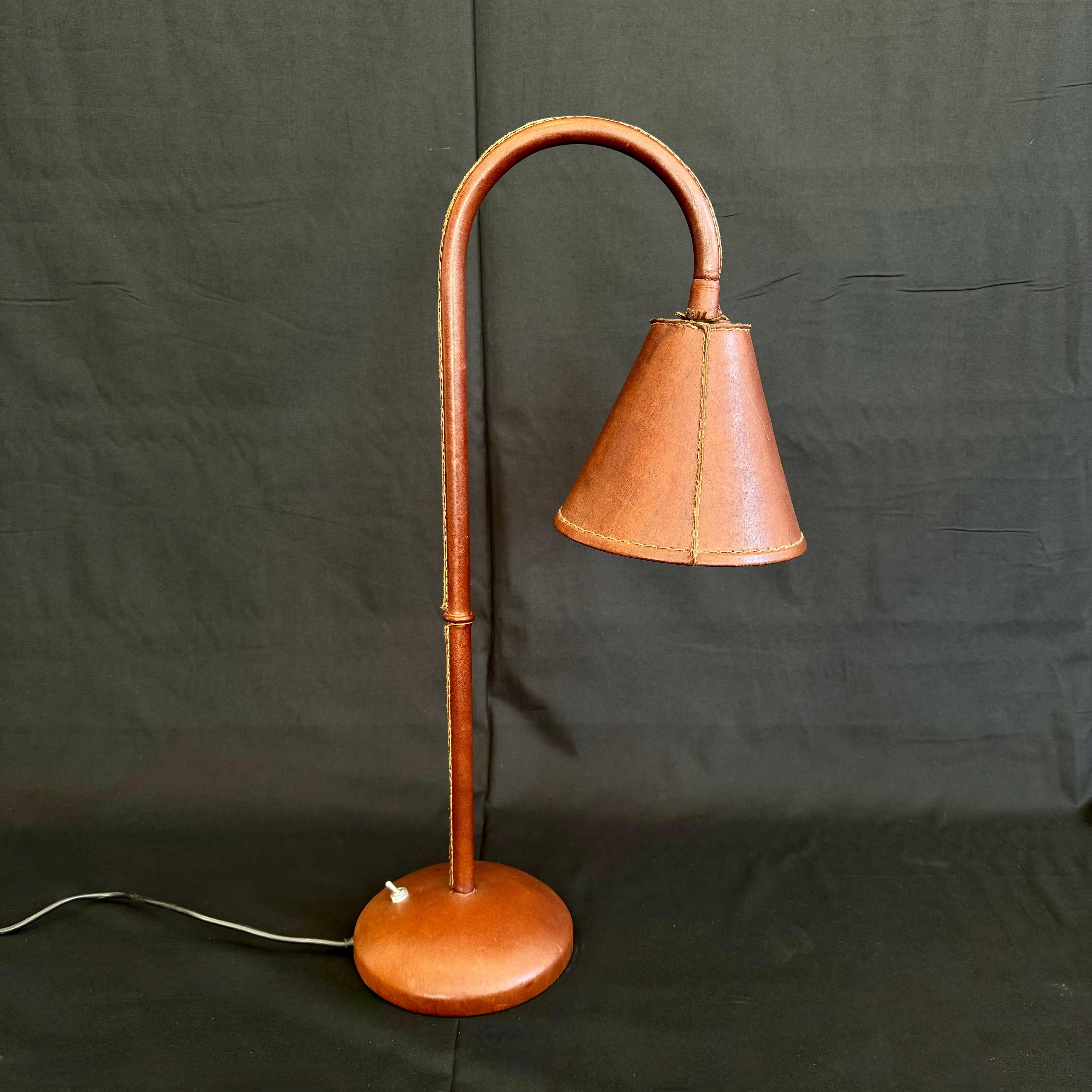 Late 20th Century Brown Leather Table Lamp in the Style of Jacques Adnet, 1970s Spain For Sale