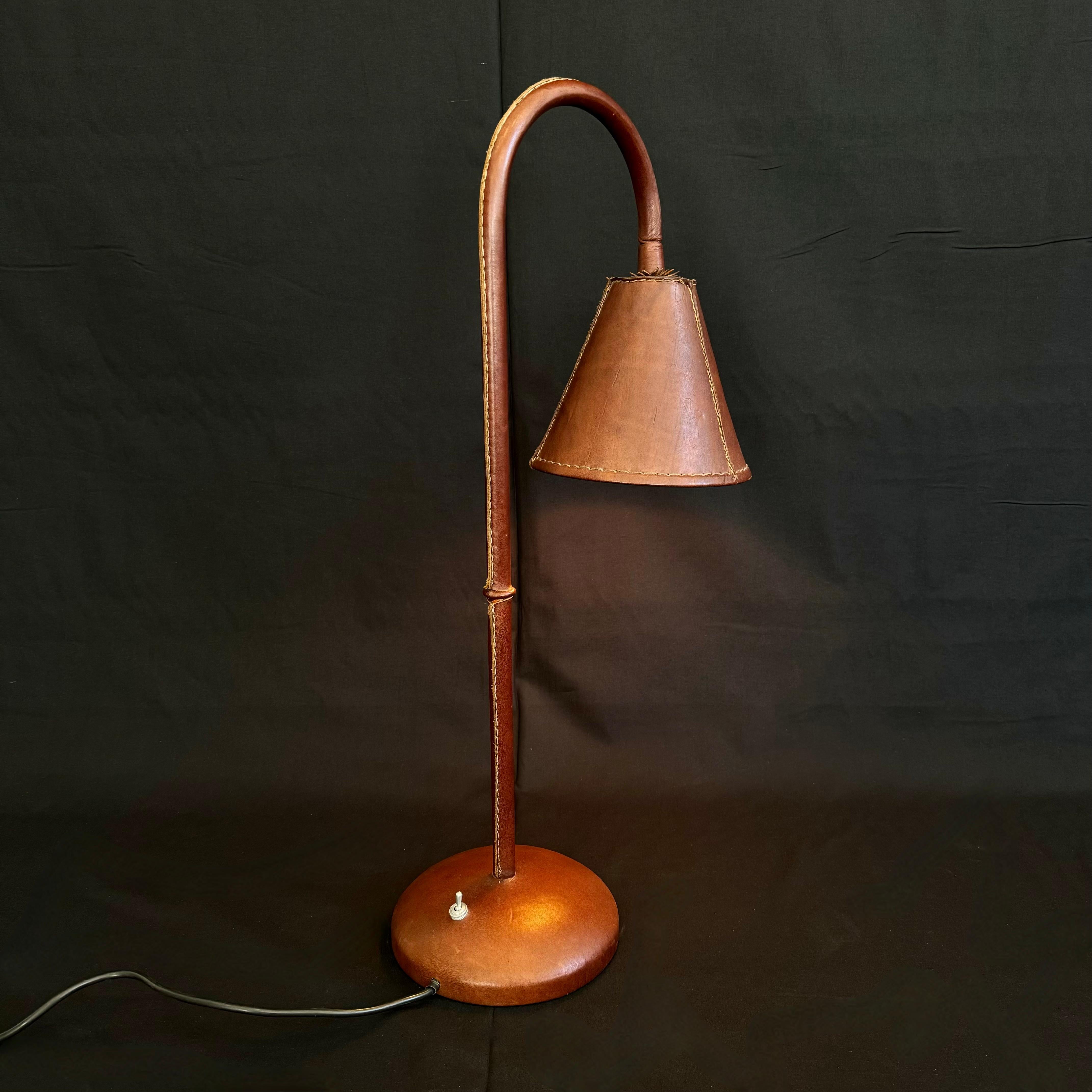 Metal Brown Leather Table Lamp in the Style of Jacques Adnet, 1970s Spain For Sale