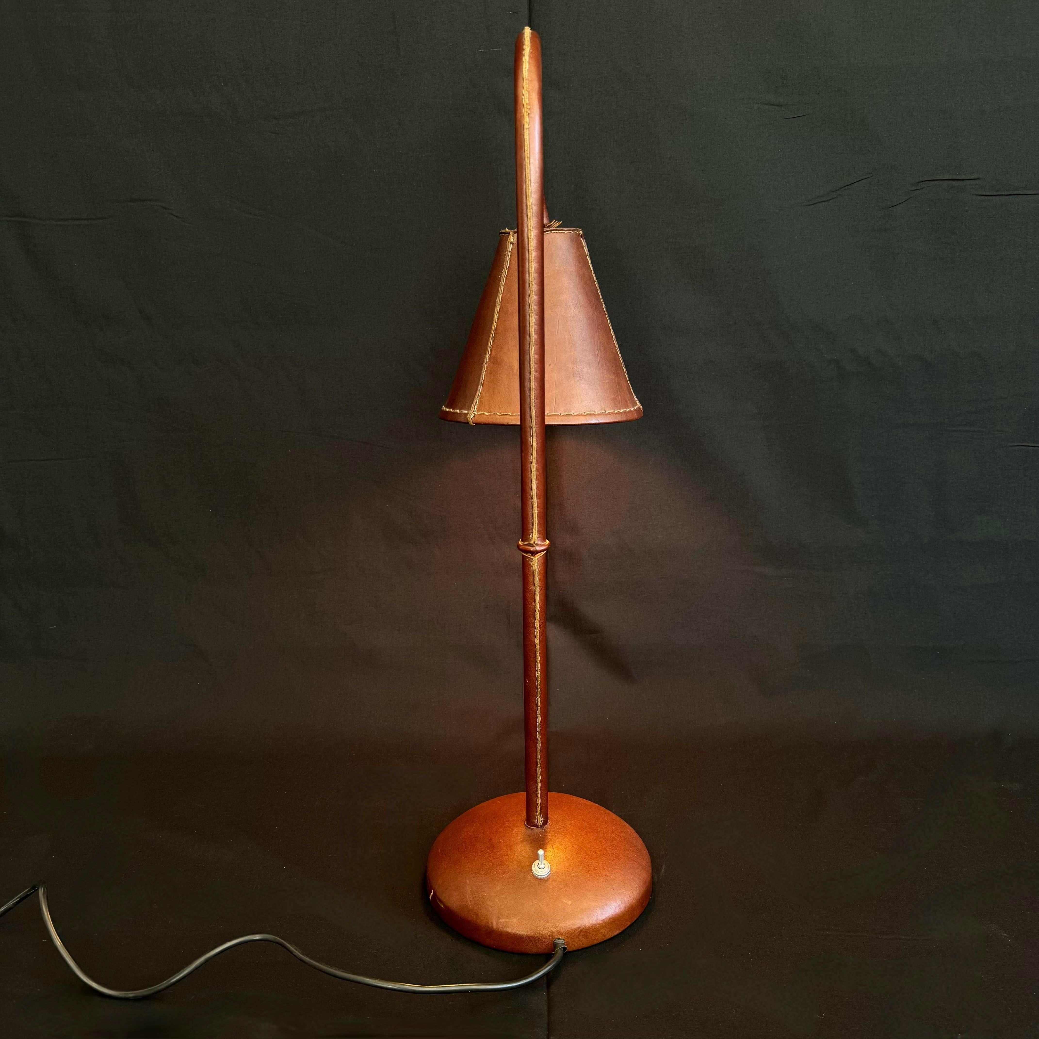 Brown Leather Table Lamp in the Style of Jacques Adnet, 1970s Spain For Sale 1