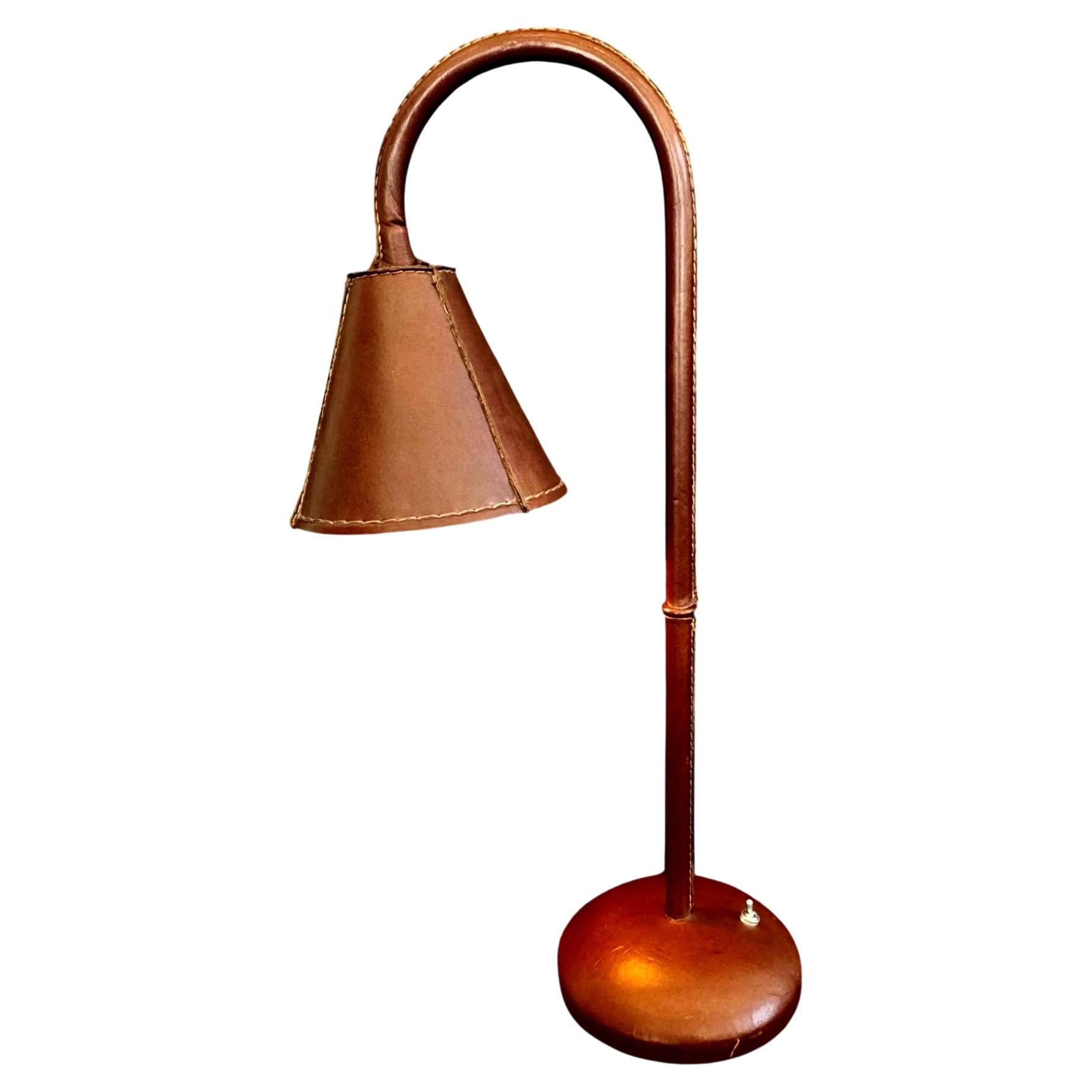 Brown Leather Table Lamp in the Style of Jacques Adnet, 1970s Spain For Sale