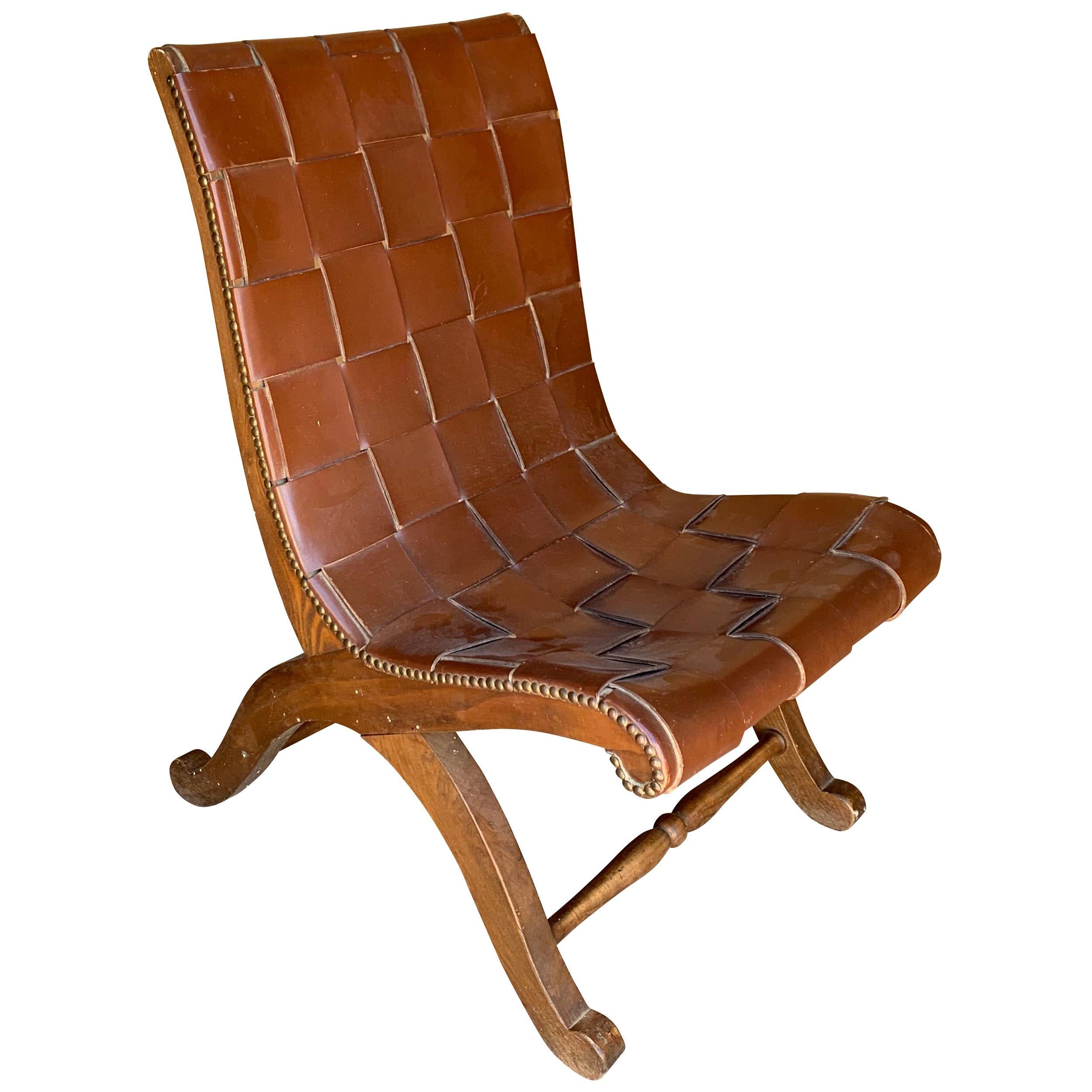 Valenti Brown Woven Leather Chair, Spain, Midcentury