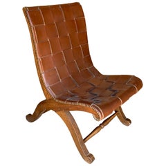 Valenti Brown Woven Leather Chair, Spain, Midcentury
