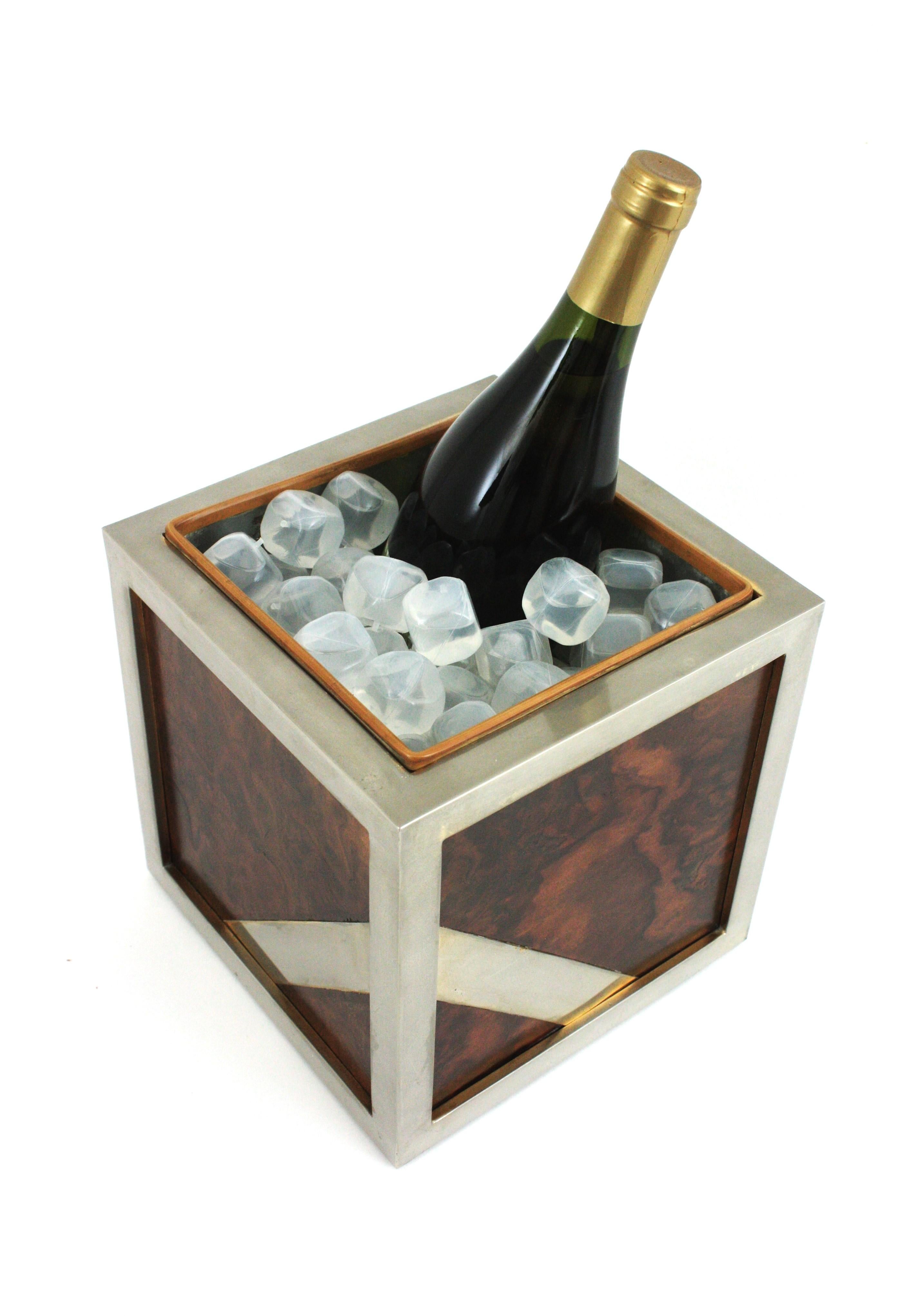 Valentí Burl Walnut and Chrome Ice Bucket Wine Cooler, Spain 1970 For Sale 2