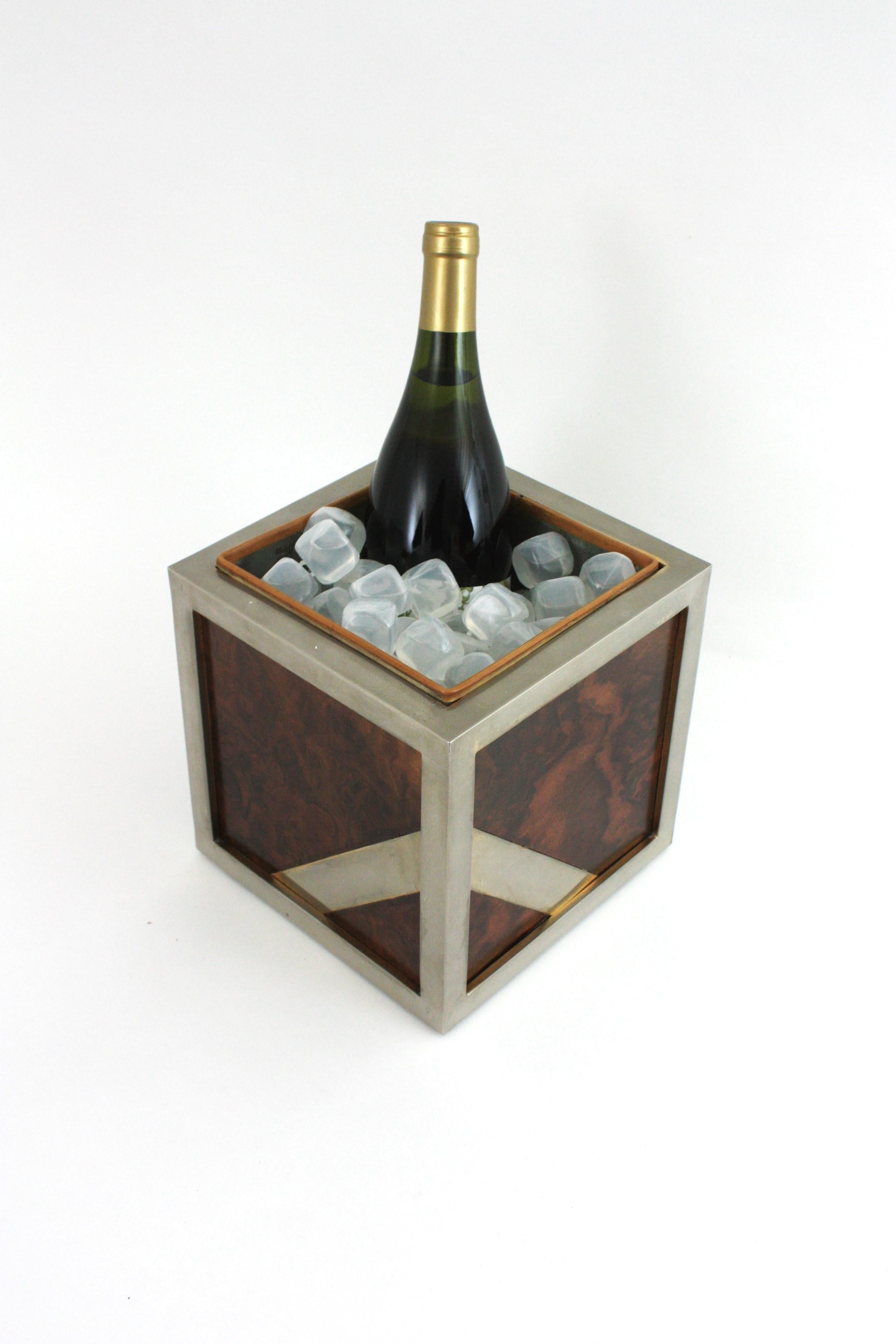 Valentí Burl Walnut and Chrome Ice Bucket Wine Cooler, Spain 1970 For Sale 5