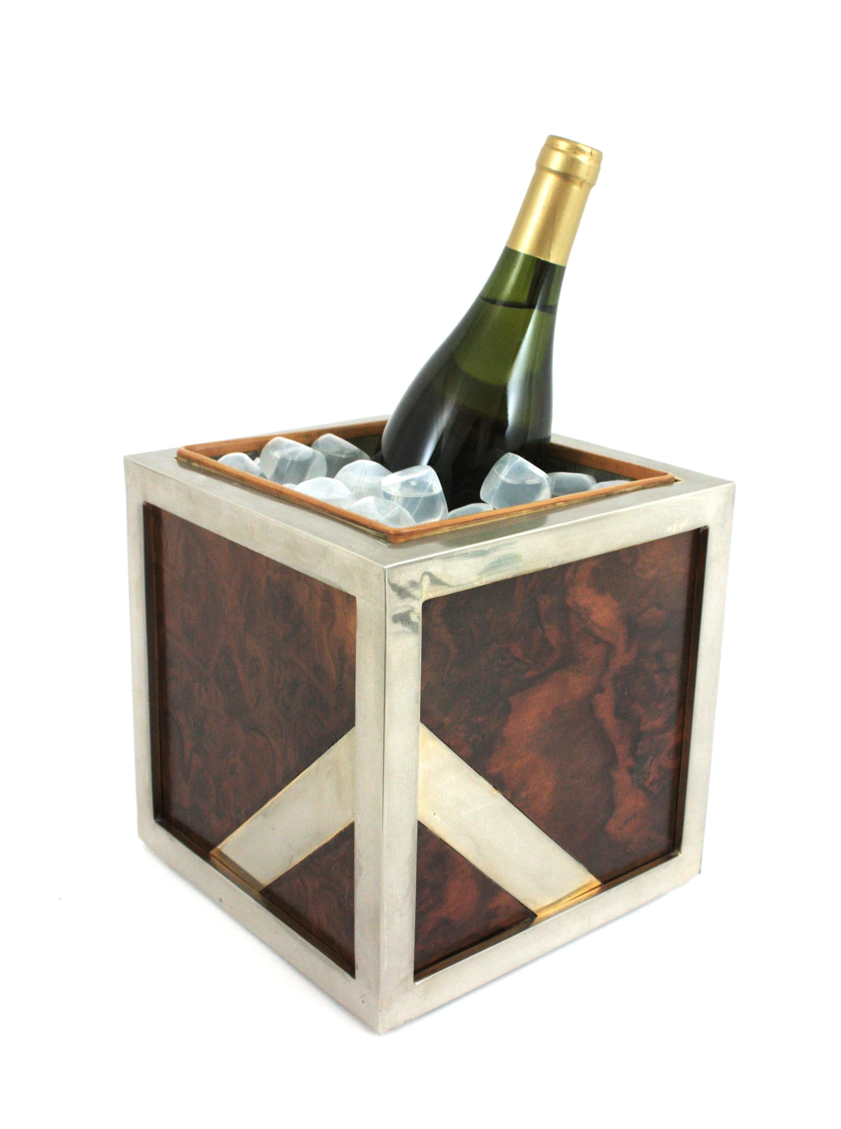 Valentí Burl Walnut and Chrome Ice Bucket Wine Cooler, Spain 1970 For Sale 9