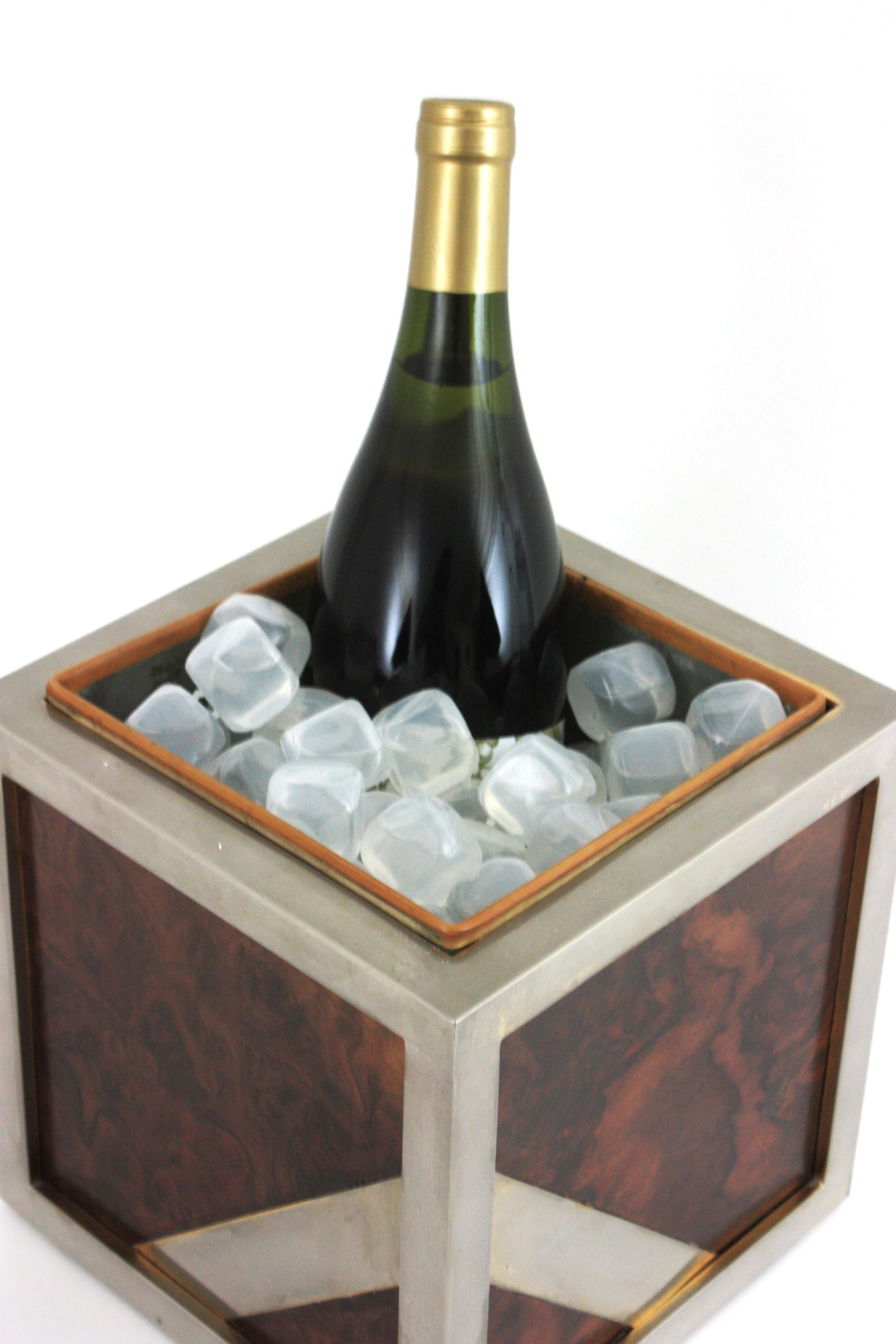 Mid-Century Modern Valentí Burl Walnut and Chrome Ice Bucket Wine Cooler, Spain 1970 For Sale
